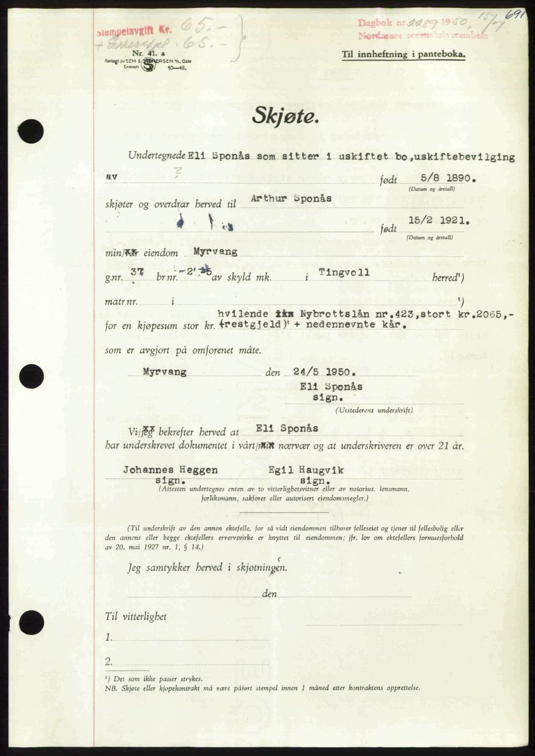 Nordmøre sorenskriveri, AV/SAT-A-4132/1/2/2Ca: Mortgage book no. A115, 1950-1950, Diary no: : 2289/1950