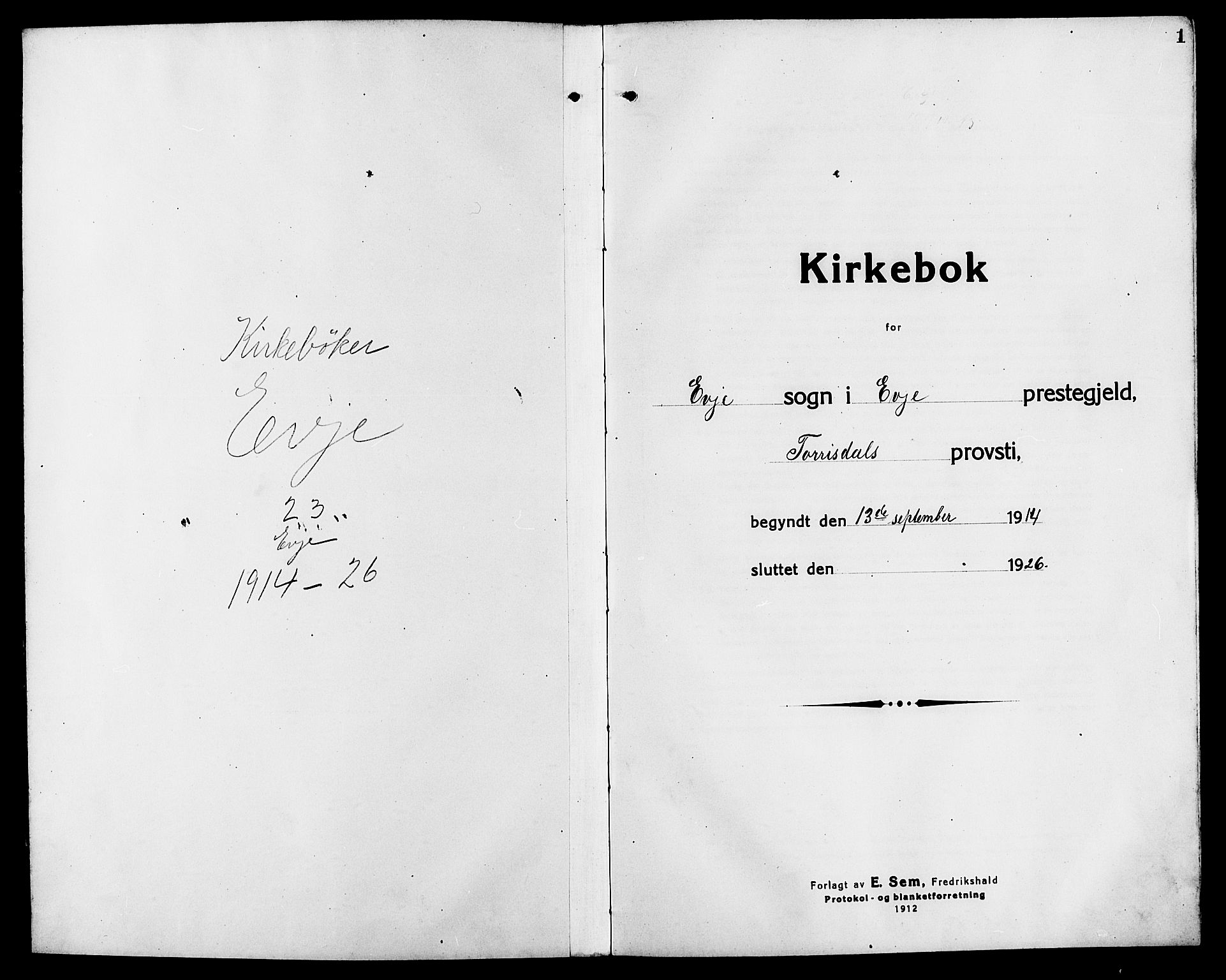 Evje sokneprestkontor, SAK/1111-0008/F/Fb/Fba/L0005: Parish register (copy) no. B 5, 1914-1926, p. 1