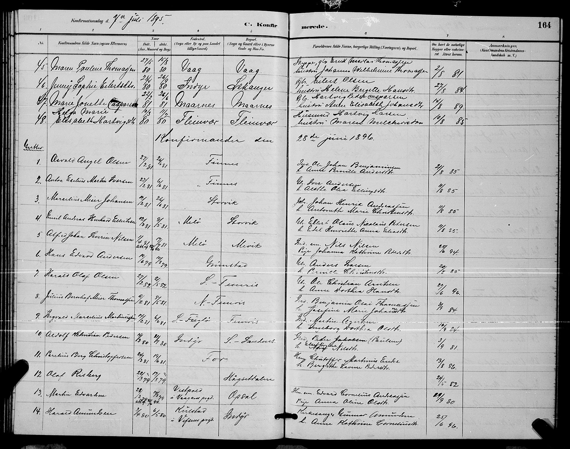 Ministerialprotokoller, klokkerbøker og fødselsregistre - Nordland, AV/SAT-A-1459/805/L0108: Parish register (copy) no. 805C04, 1885-1899, p. 164