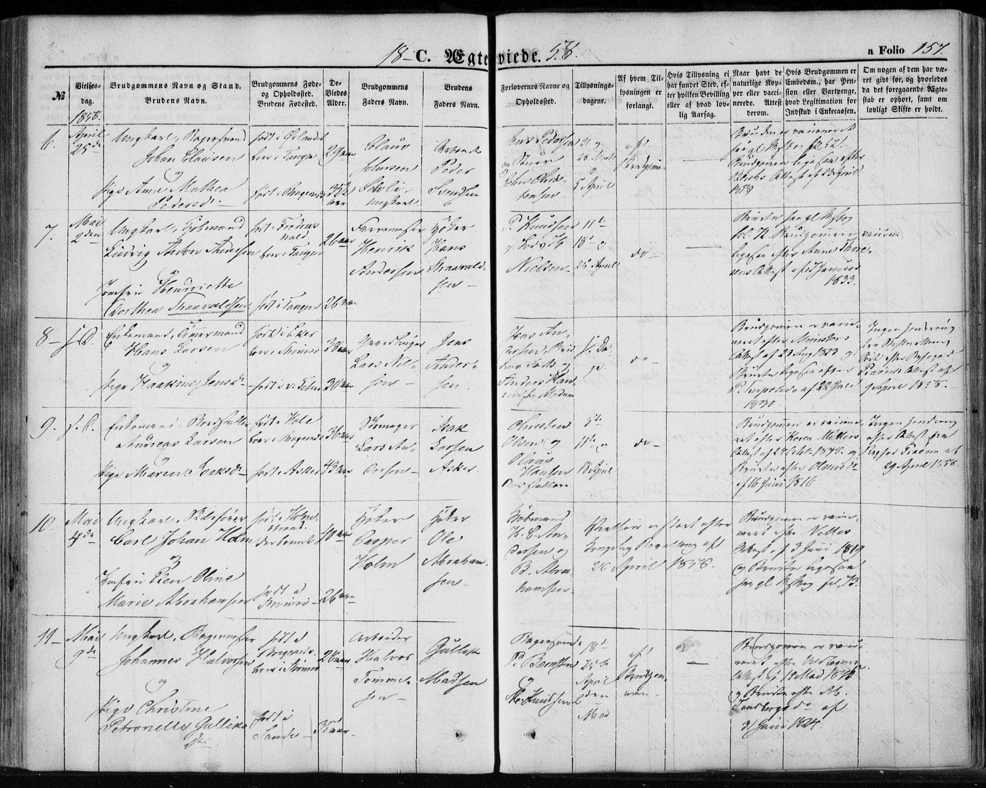 Strømsø kirkebøker, AV/SAKO-A-246/F/Fa/L0017: Parish register (official) no. I 17, 1848-1865, p. 157