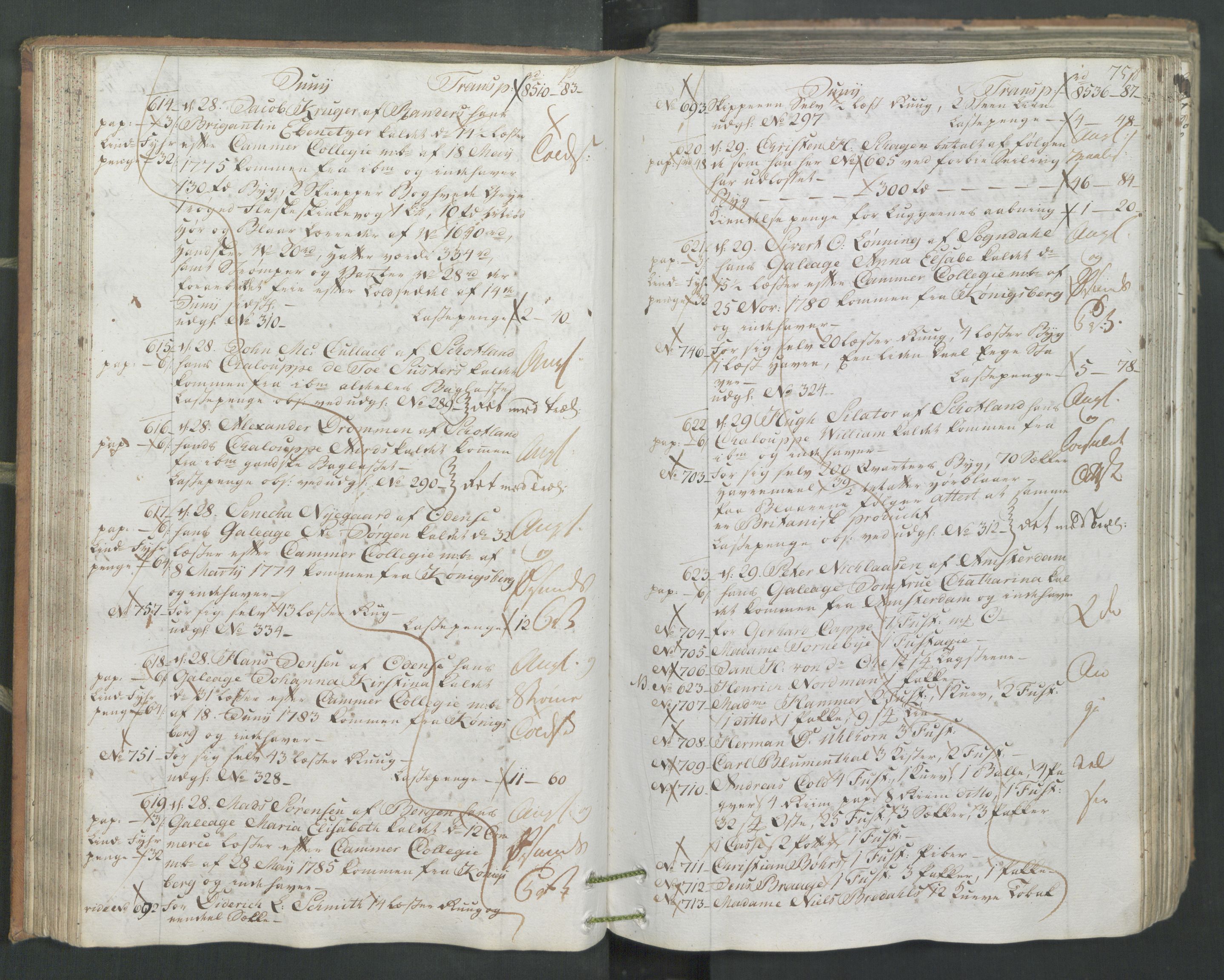 Generaltollkammeret, tollregnskaper, AV/RA-EA-5490/R26/L0222/0001: Tollregnskaper Bergen A / Inngående hovedtollbok, 1786, p. 74b-75a