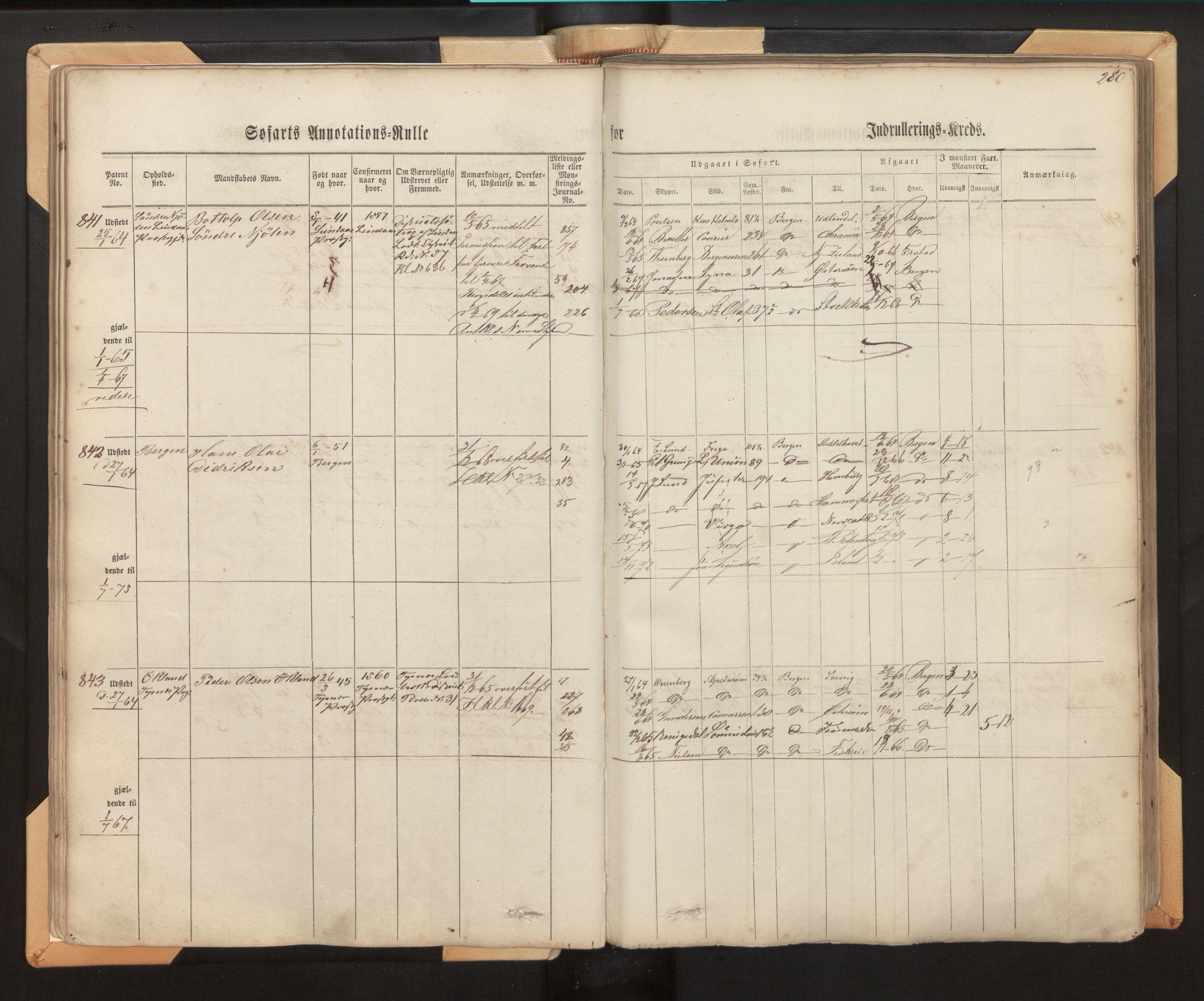 Innrulleringssjefen i Bergen, SAB/A-100050/F/Fh/L0006: Sjøfarts- og annotasjonsrulle for Bergen krets, fol. 239 - ut, 1860-1867, p. 280