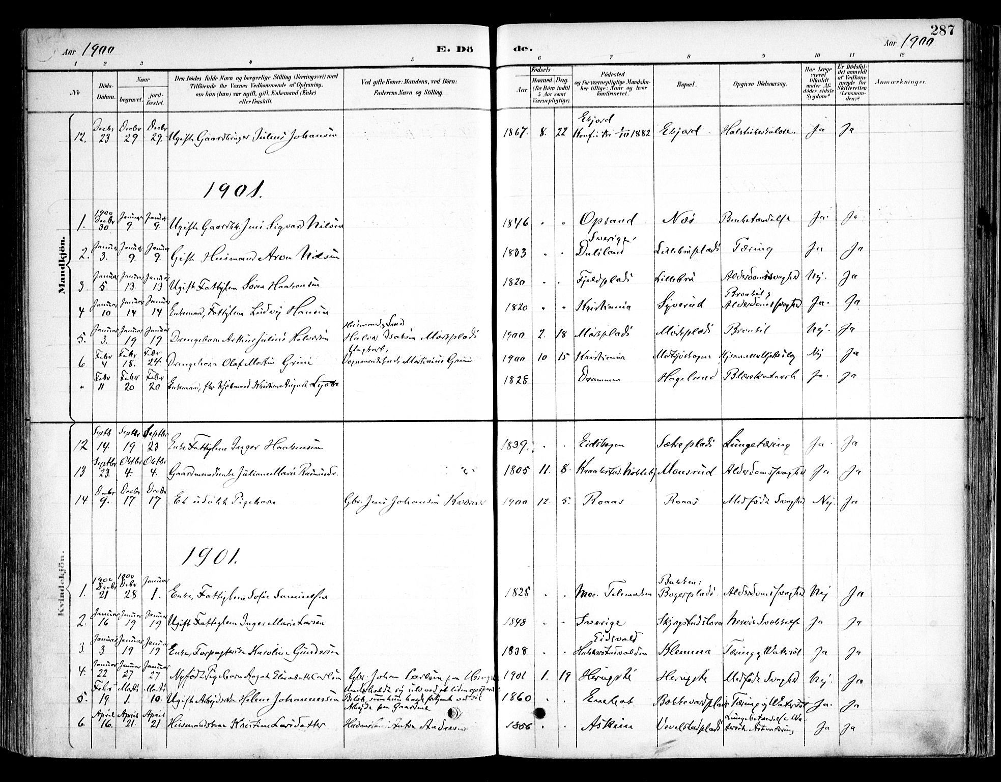 Kråkstad prestekontor Kirkebøker, SAO/A-10125a/F/Fb/L0002: Parish register (official) no. II 2, 1893-1917, p. 287