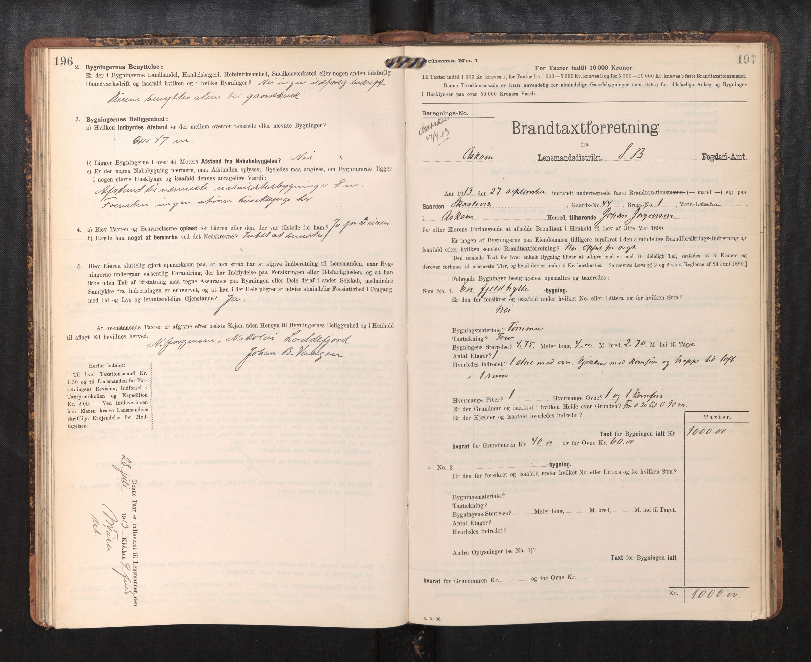 Lensmannen i Askøy, AV/SAB-A-31001/0012/L0005: Branntakstprotokoll, skjematakst, 1907-1915, p. 196-197