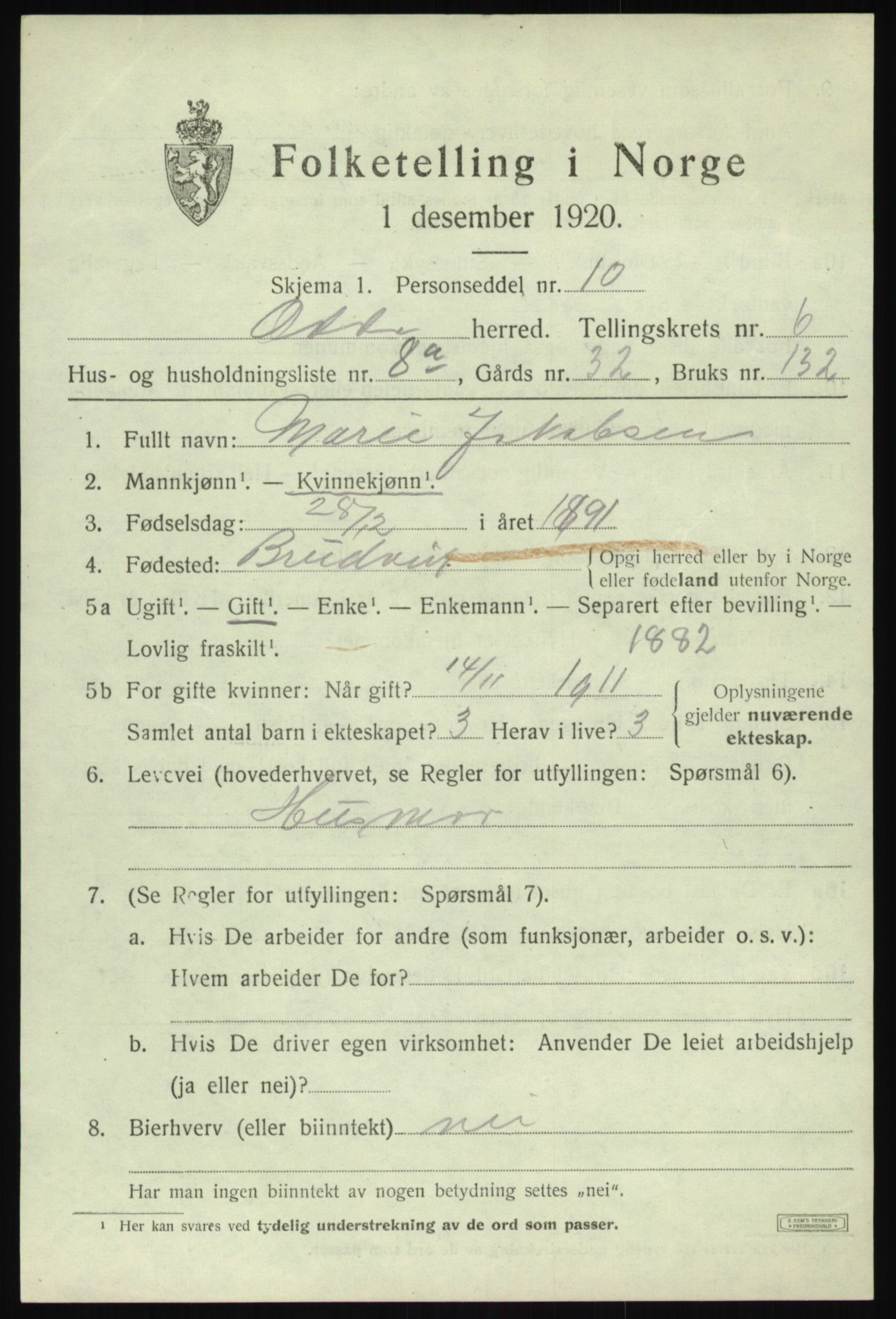 SAB, 1920 census for Odda, 1920, p. 4211