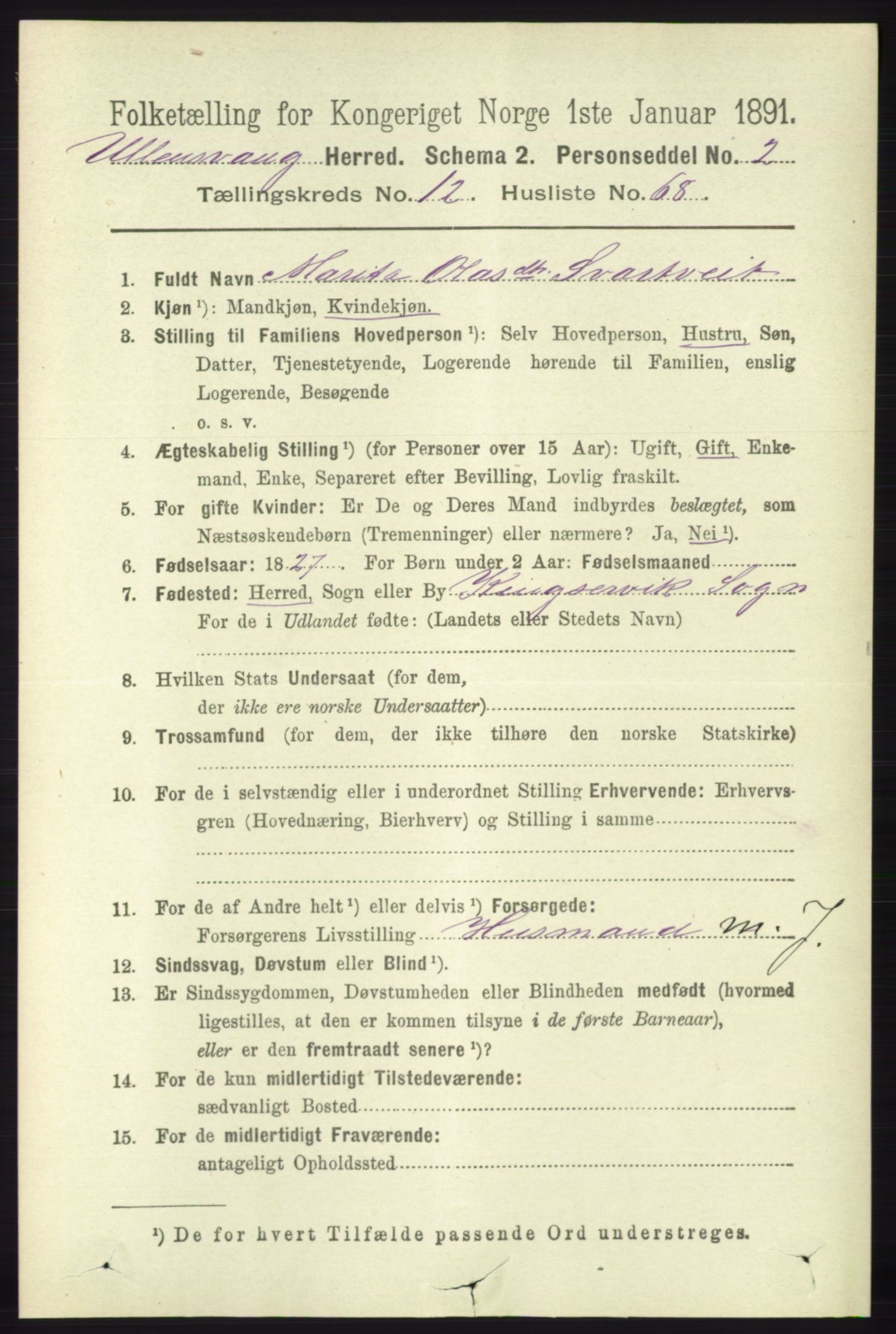 RA, 1891 census for 1230 Ullensvang, 1891, p. 5011