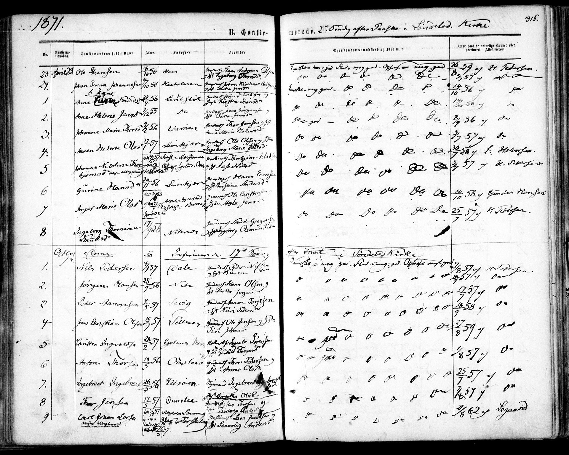 Søndeled sokneprestkontor, SAK/1111-0038/F/Fa/L0003: Parish register (official) no. A 3, 1861-1879, p. 315