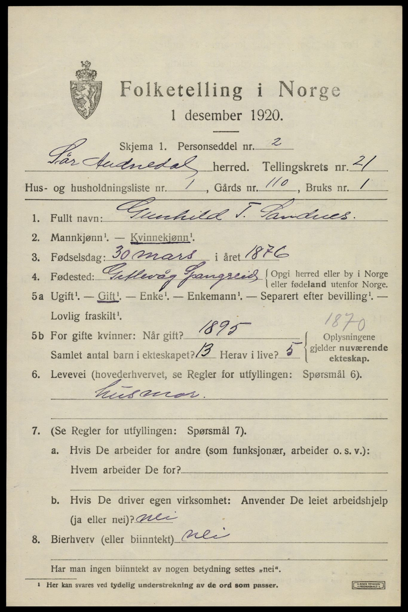 SAK, 1920 census for Sør-Audnedal, 1920, p. 6929