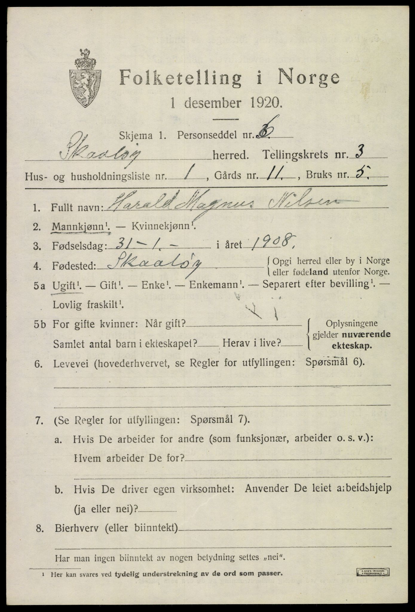 SAKO, 1920 census for Skåtøy, 1920, p. 2800