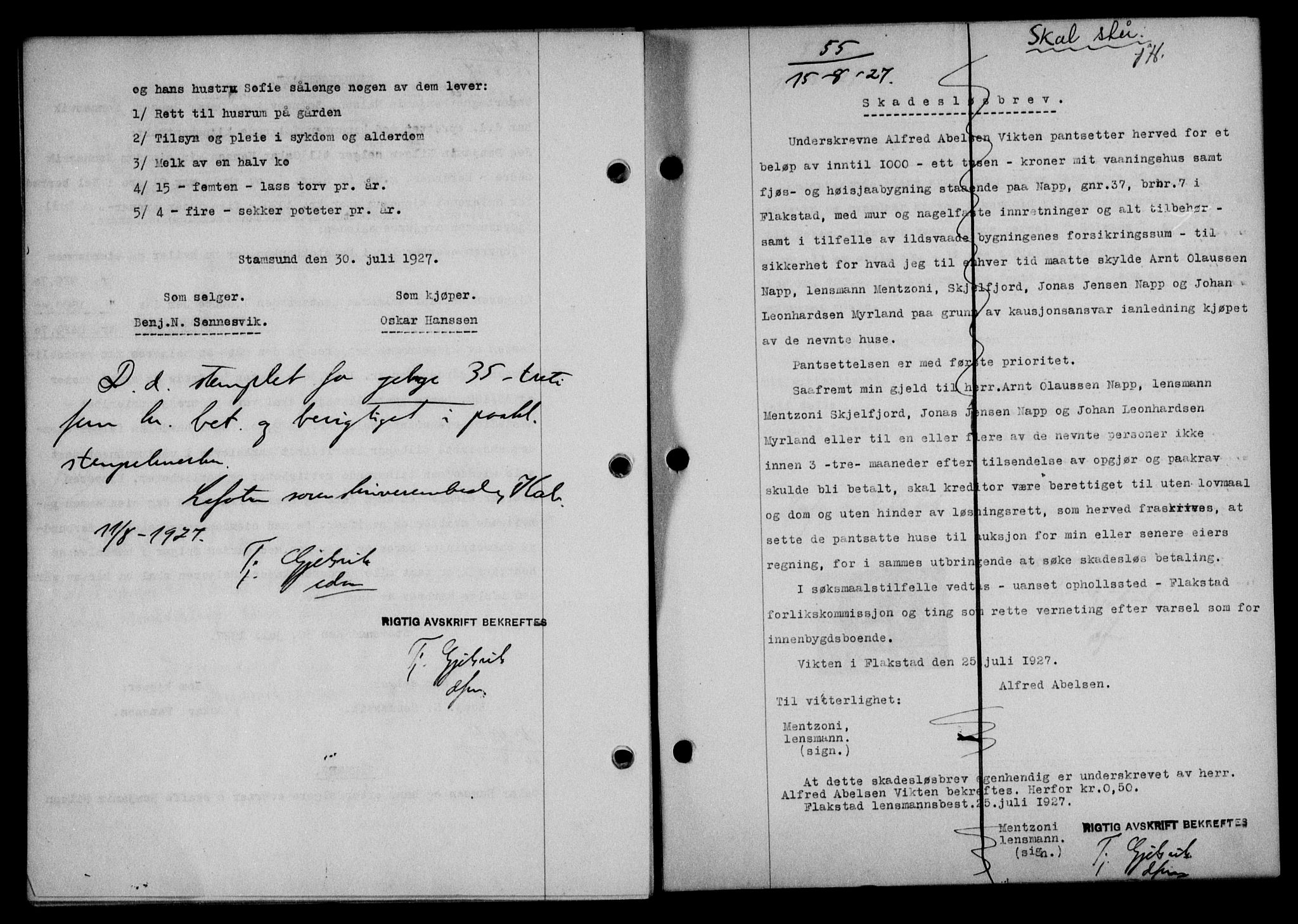 Lofoten sorenskriveri, SAT/A-0017/1/2/2C/L0016b: Mortgage book no. 16b, 1927-1927, Deed date: 15.08.1927