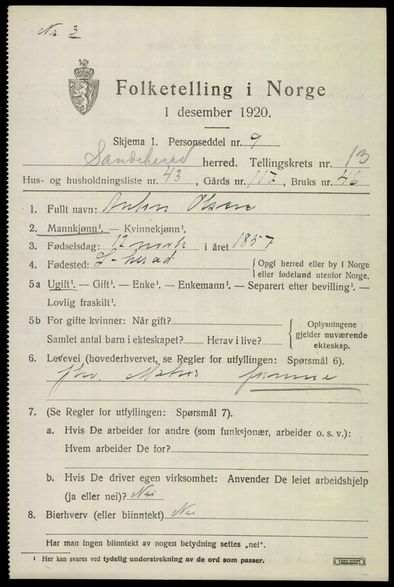SAKO, 1920 census for Sandeherred, 1920, p. 19824