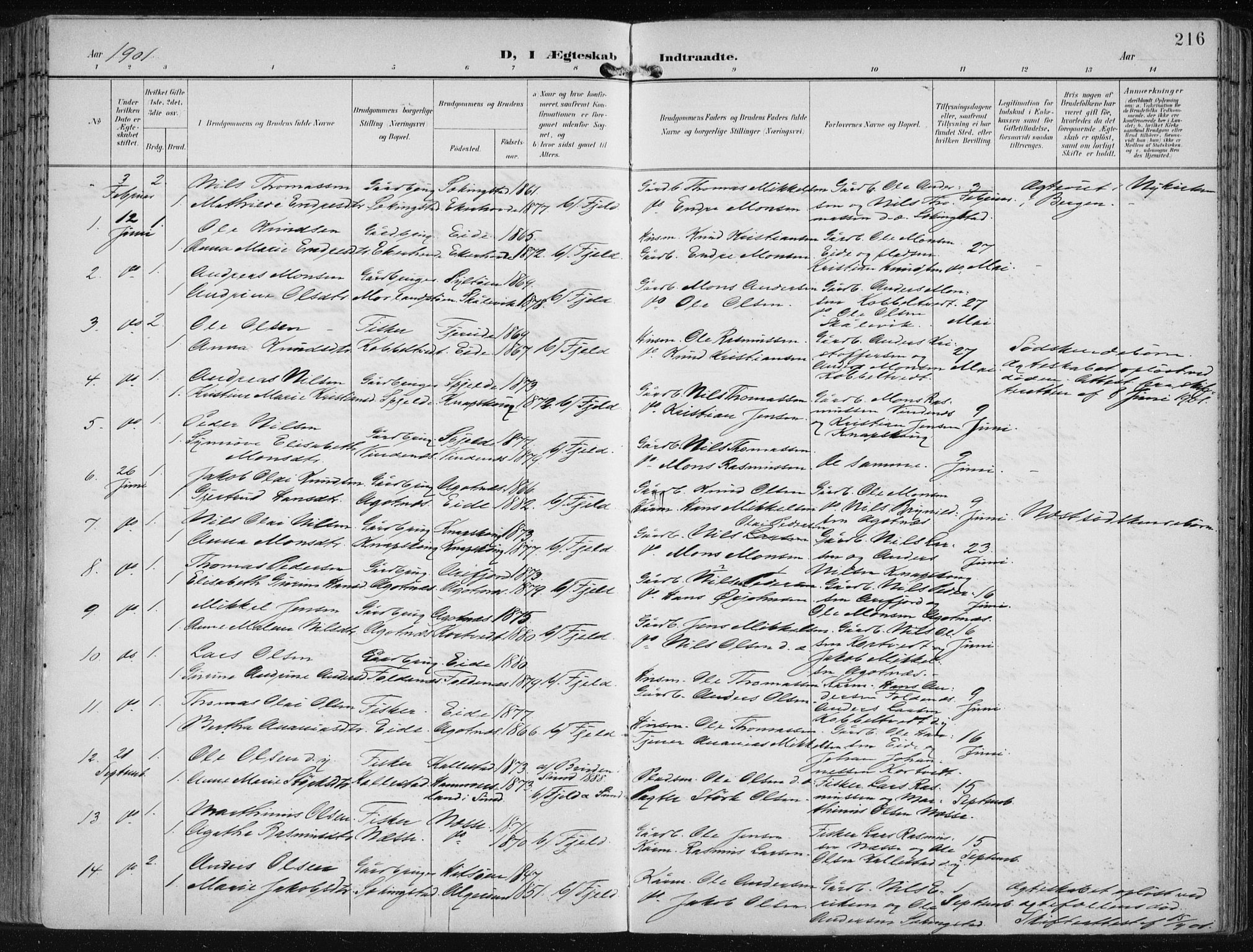 Fjell sokneprestembete, AV/SAB-A-75301/H/Haa: Parish register (official) no. A  9, 1899-1910, p. 216