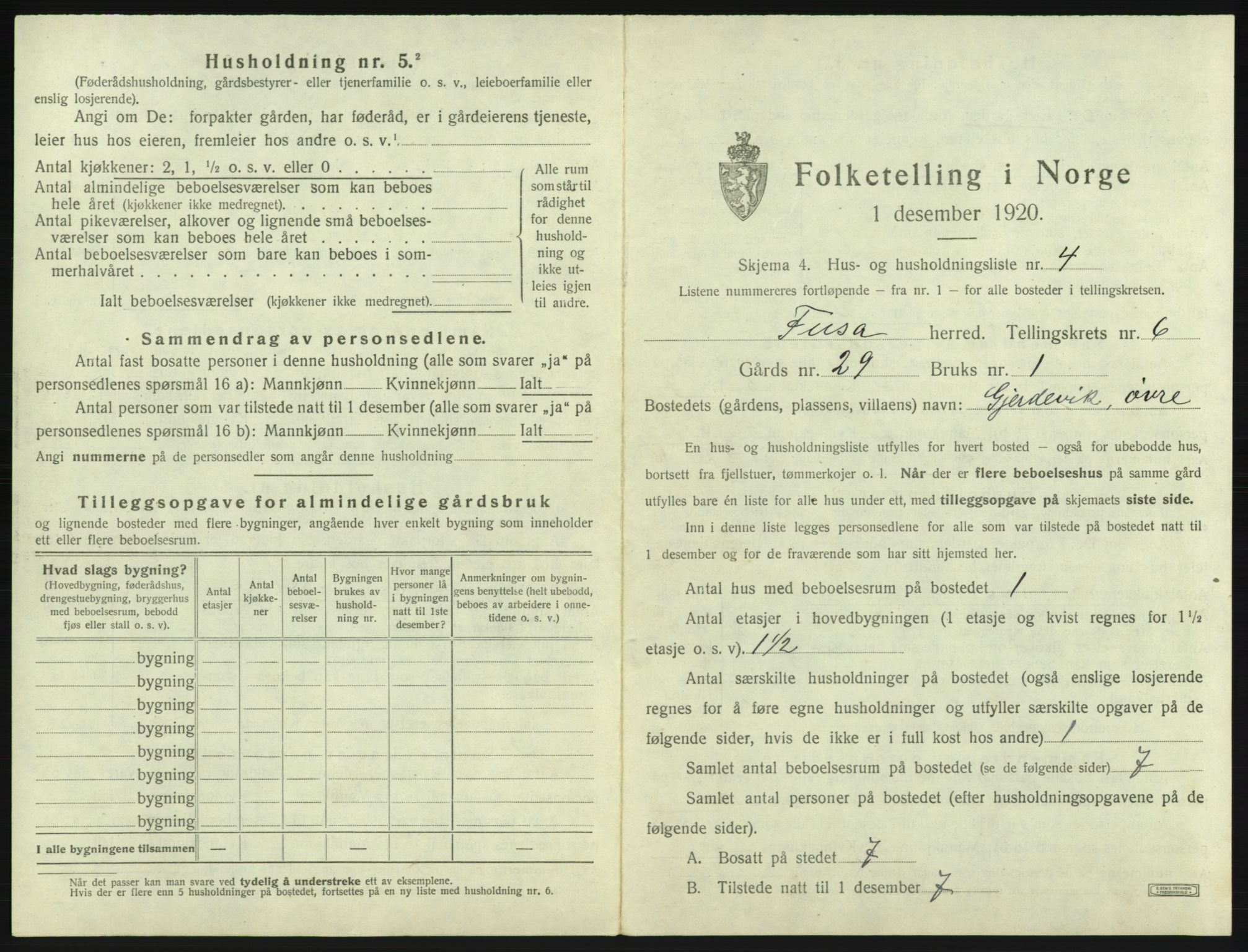 SAB, 1920 census for Fusa, 1920, p. 327