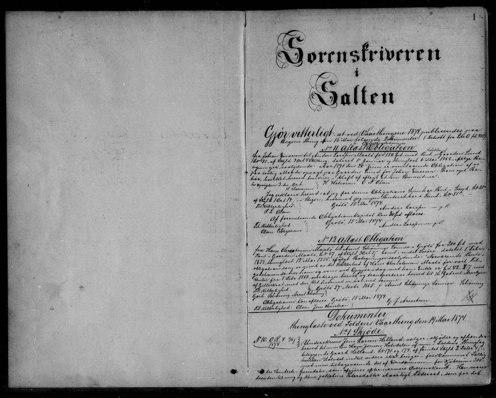 Salten sorenskriveri, SAT/A-4578/1/2/2C/L0015: Mortgage book no. P, 1874-1878, p. 1