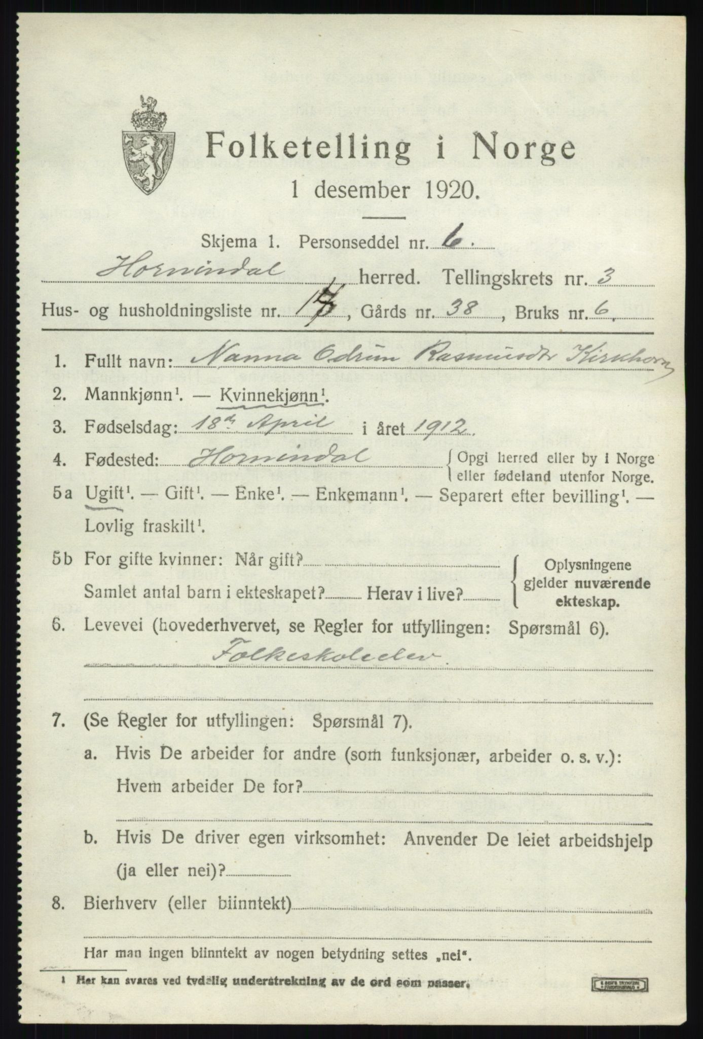 SAB, 1920 census for Hornindal, 1920, p. 1258