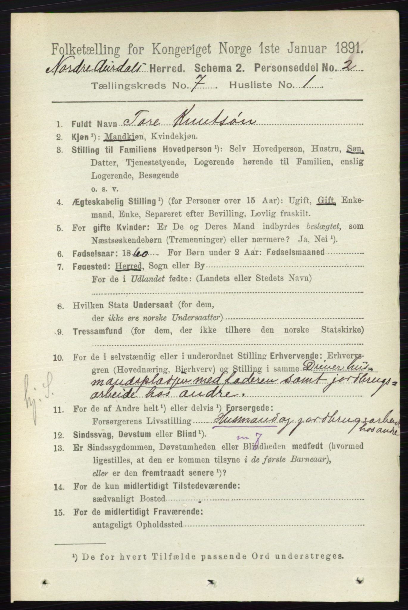 RA, 1891 census for 0542 Nord-Aurdal, 1891, p. 2384