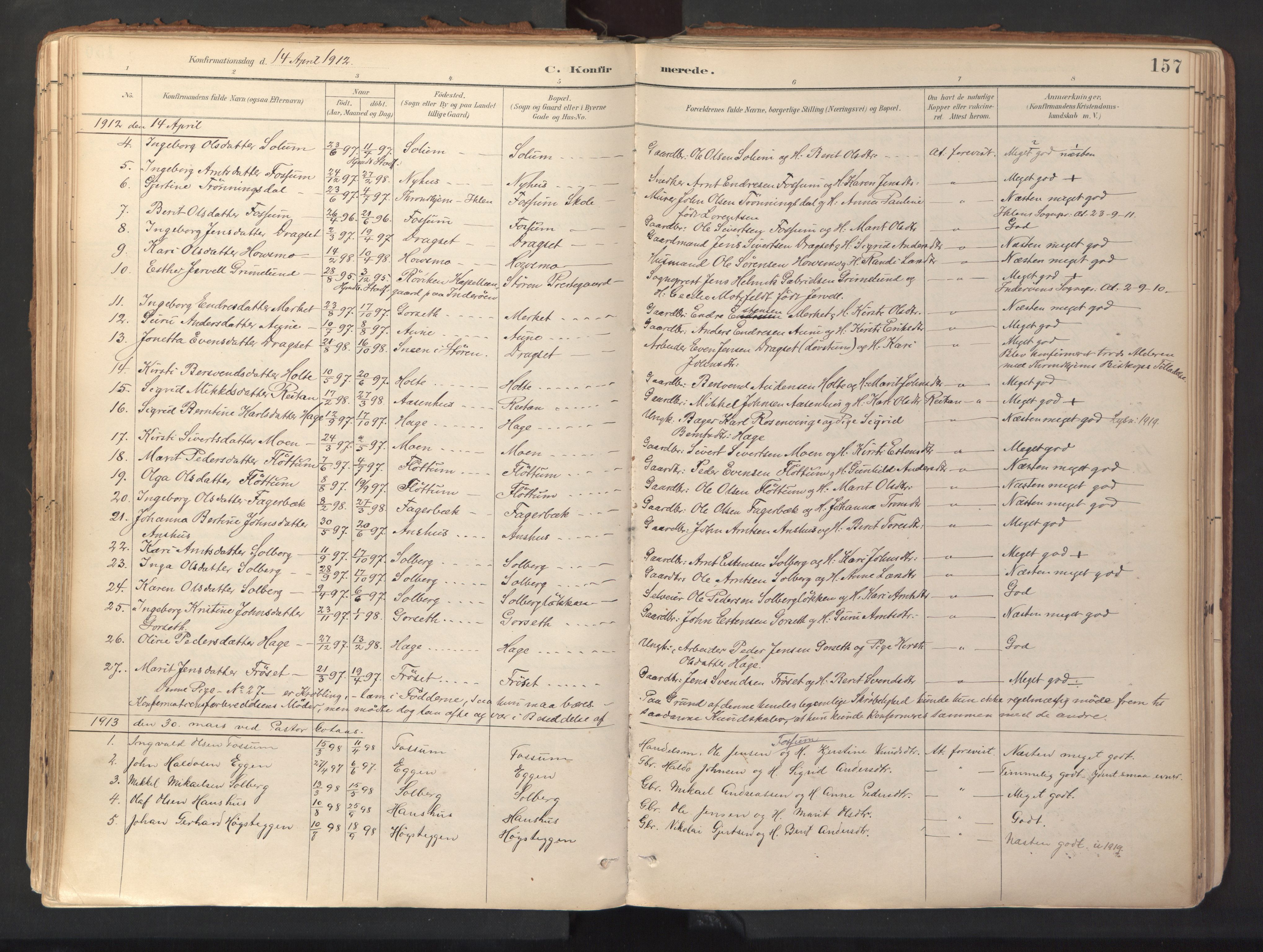 Ministerialprotokoller, klokkerbøker og fødselsregistre - Sør-Trøndelag, SAT/A-1456/689/L1041: Parish register (official) no. 689A06, 1891-1923, p. 157