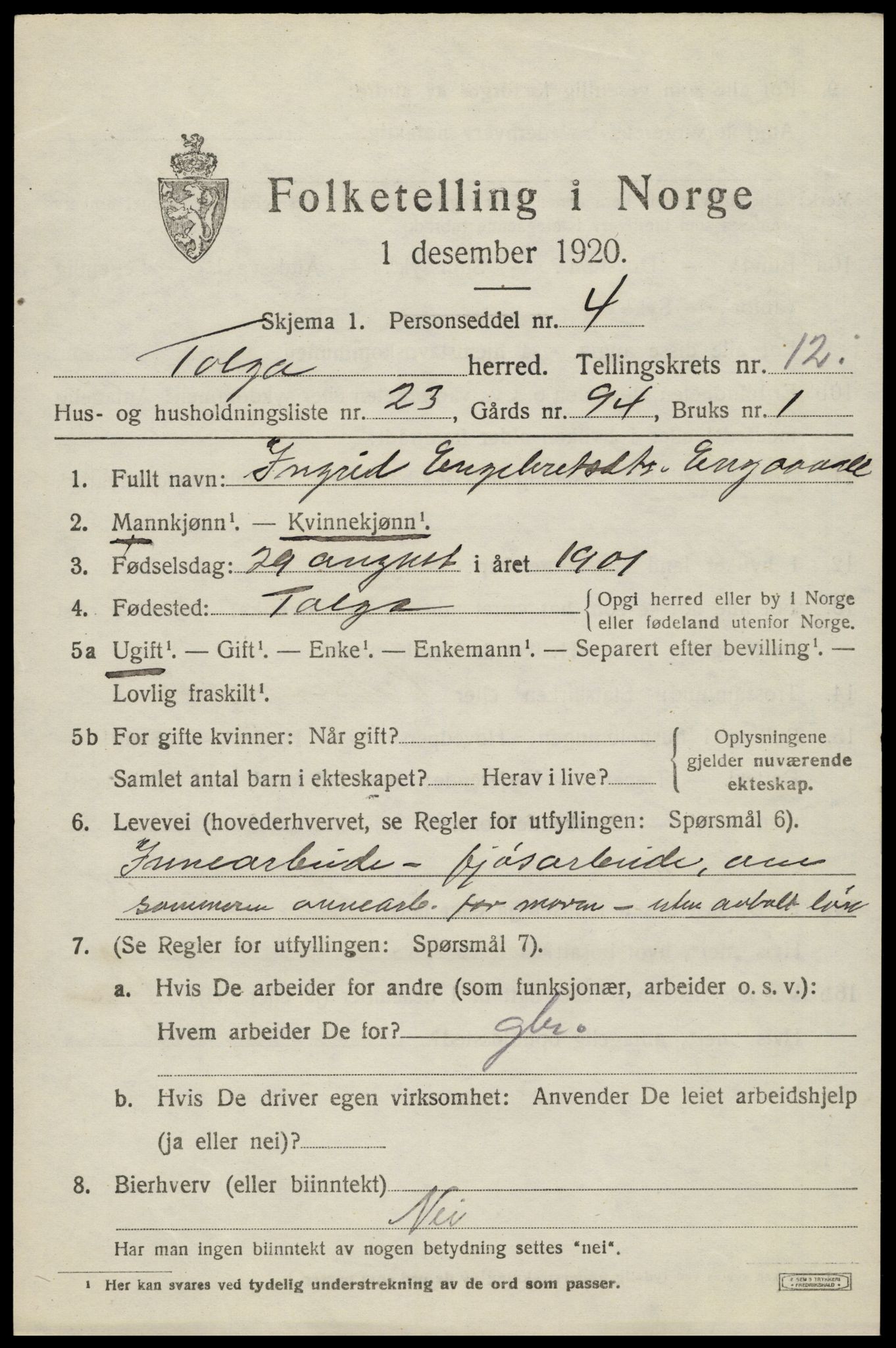 SAH, 1920 census for Tolga, 1920, p. 5747