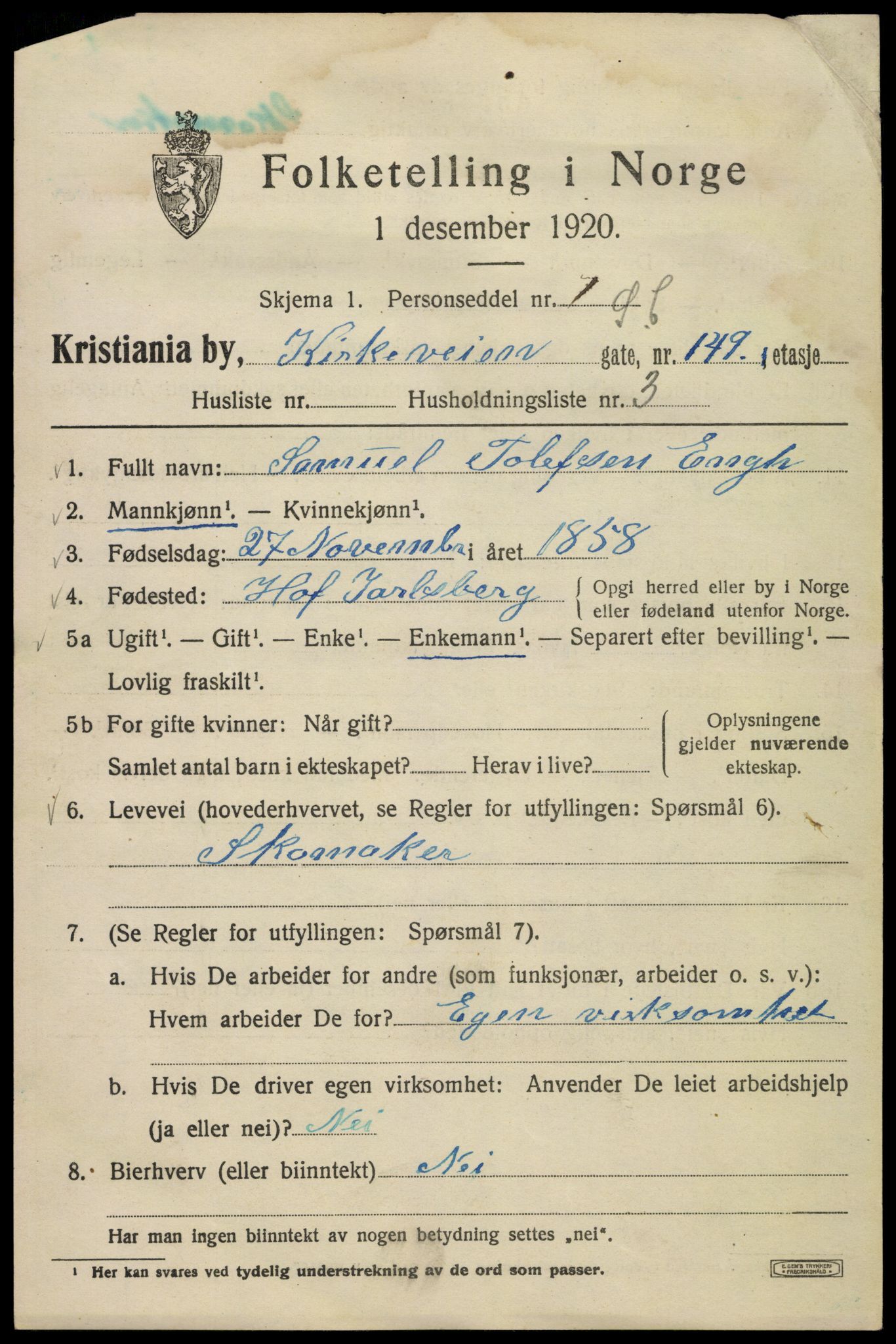 SAO, 1920 census for Kristiania, 1920, p. 340327