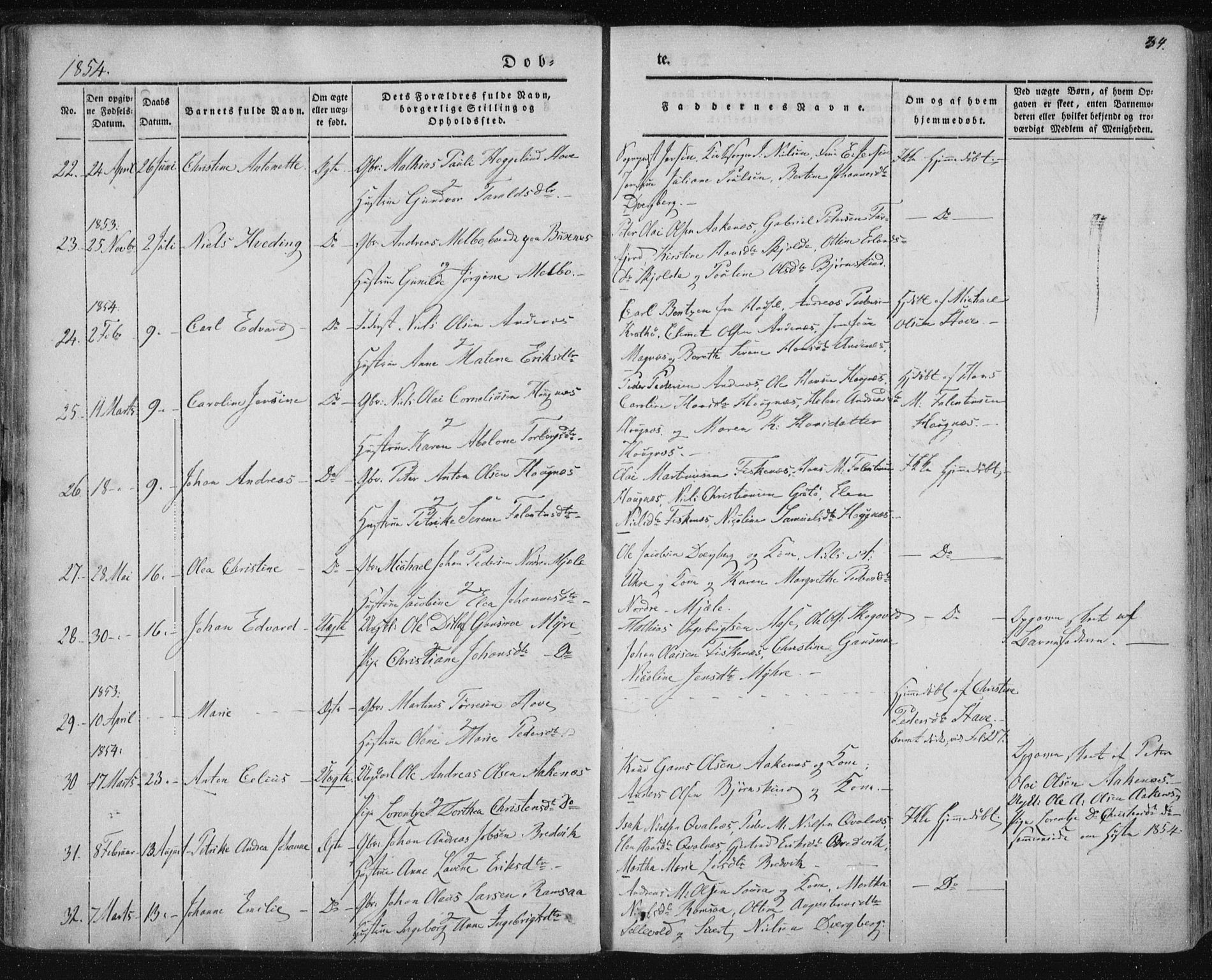 Ministerialprotokoller, klokkerbøker og fødselsregistre - Nordland, AV/SAT-A-1459/897/L1396: Parish register (official) no. 897A04, 1842-1866, p. 34