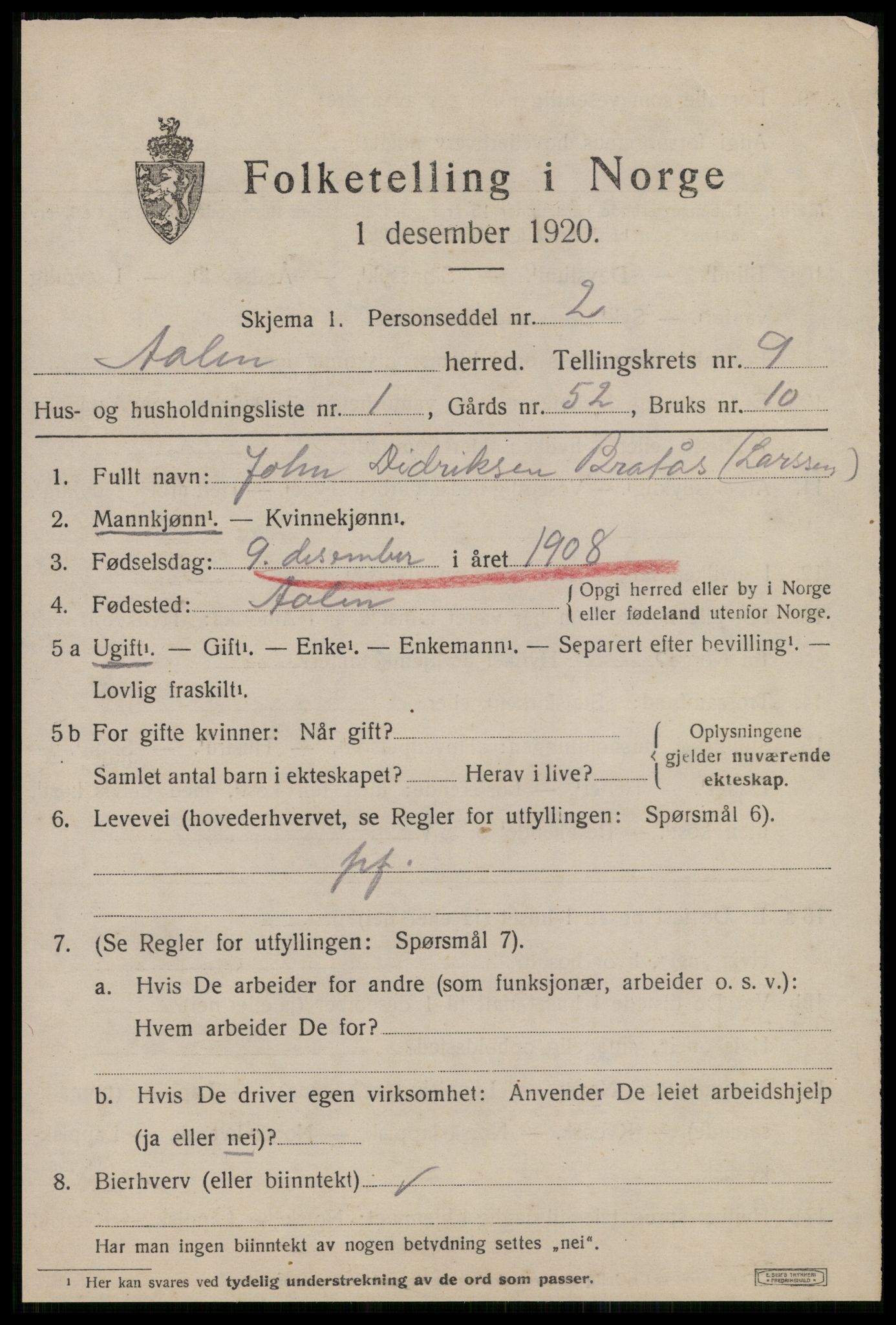 SAT, 1920 census for Ålen, 1920, p. 4068