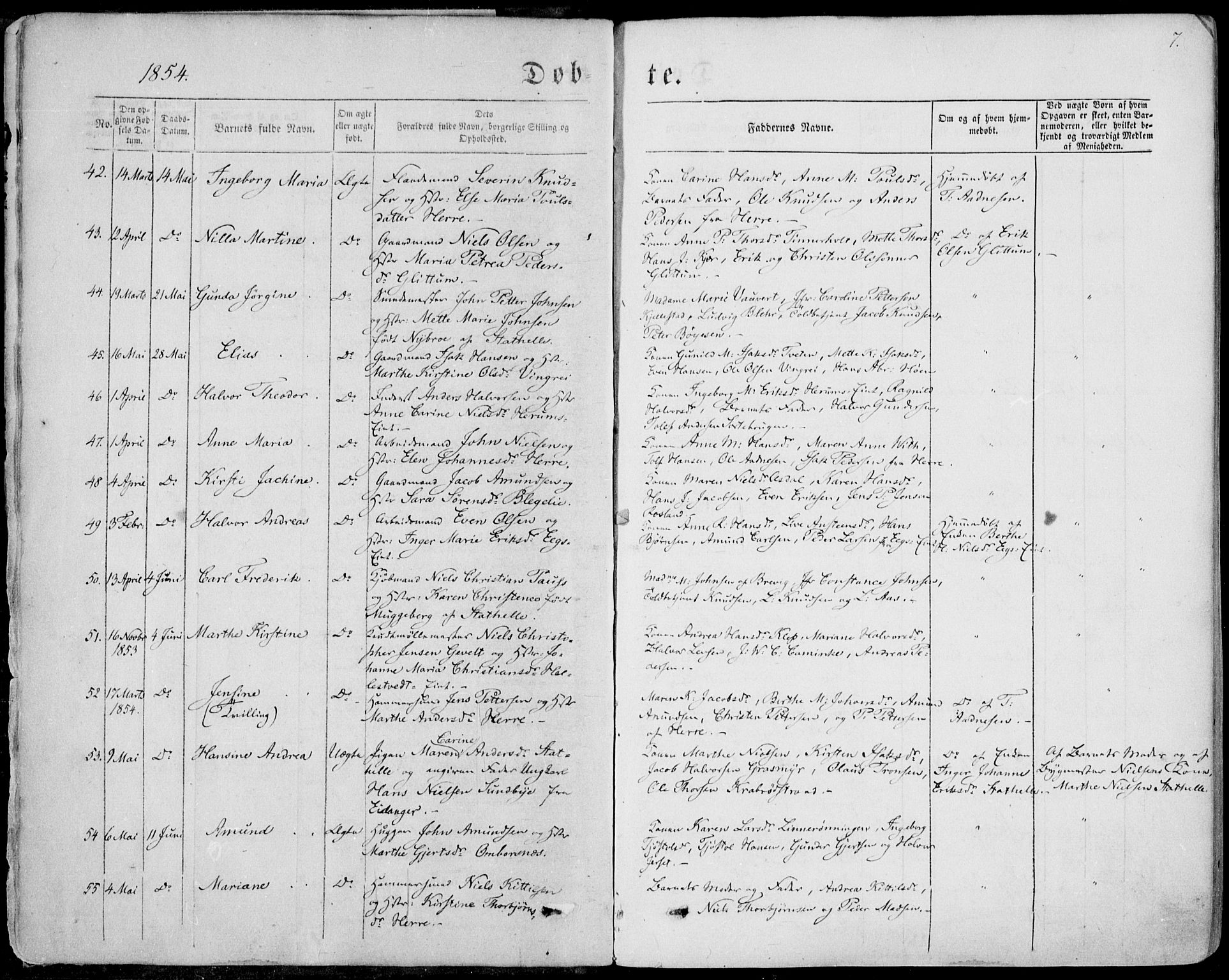 Bamble kirkebøker, AV/SAKO-A-253/F/Fa/L0005: Parish register (official) no. I 5, 1854-1869, p. 7