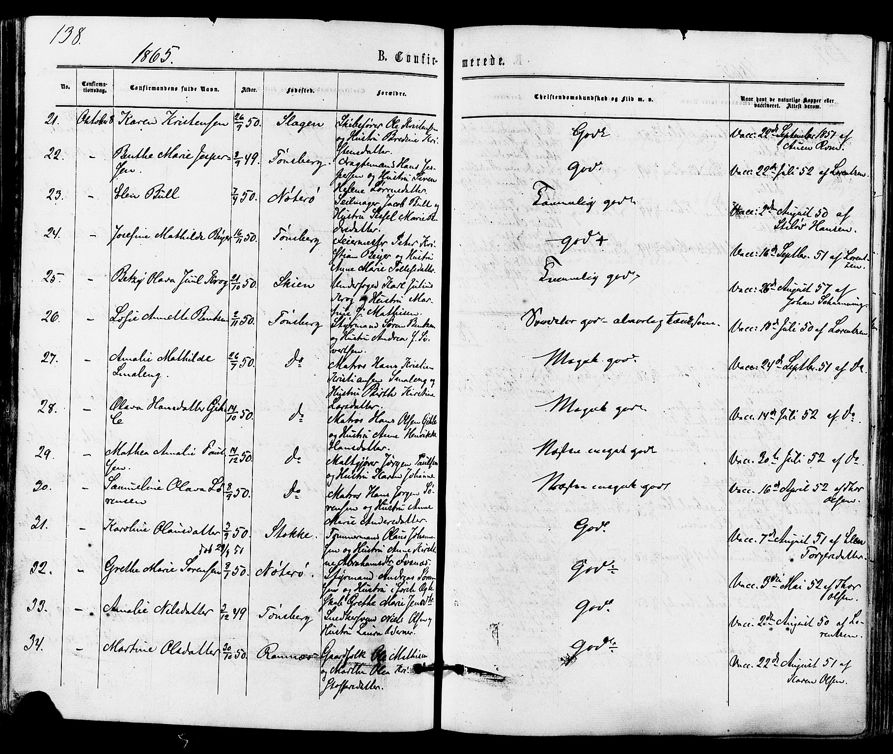 Tønsberg kirkebøker, SAKO/A-330/F/Fa/L0009: Parish register (official) no. I 9, 1865-1873, p. 138