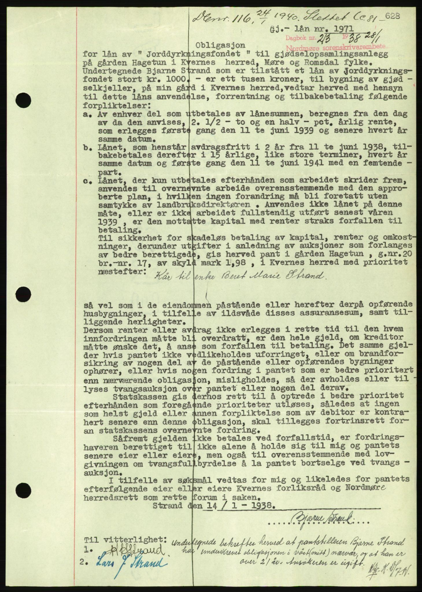 Nordmøre sorenskriveri, AV/SAT-A-4132/1/2/2Ca/L0092: Mortgage book no. B82, 1937-1938, Diary no: : 213/1938