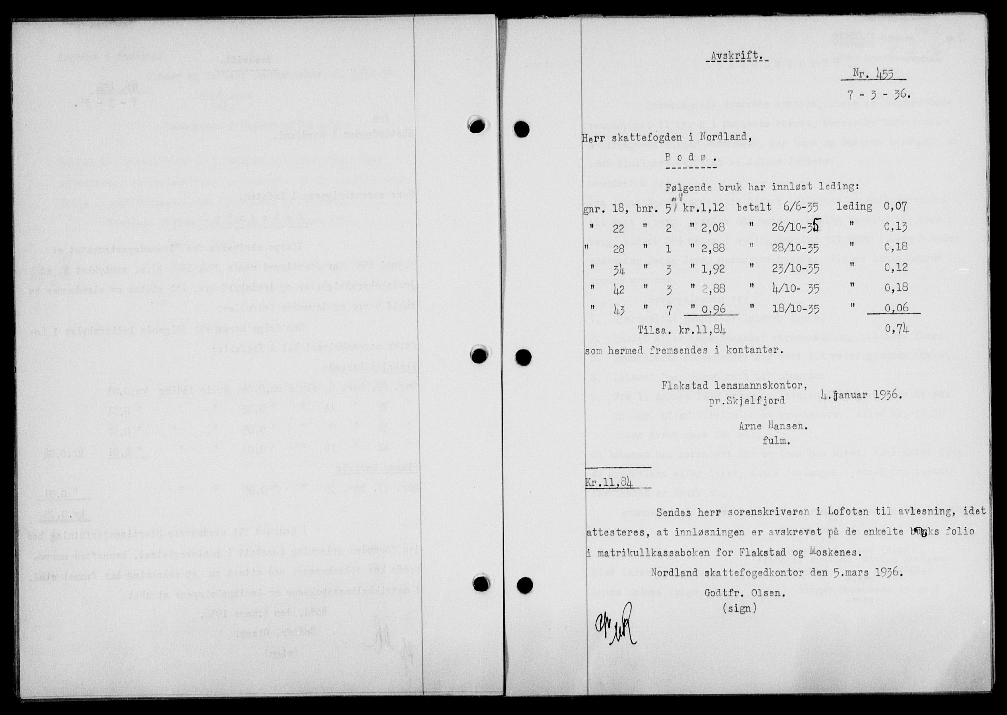 Lofoten sorenskriveri, SAT/A-0017/1/2/2C/L0033b: Mortgage book no. 33b, 1936-1936, Diary no: : 455/1936
