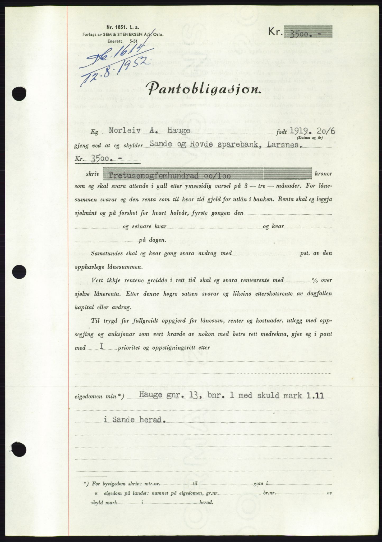 Søre Sunnmøre sorenskriveri, AV/SAT-A-4122/1/2/2C/L0121: Mortgage book no. 9B, 1951-1952, Diary no: : 1614/1952