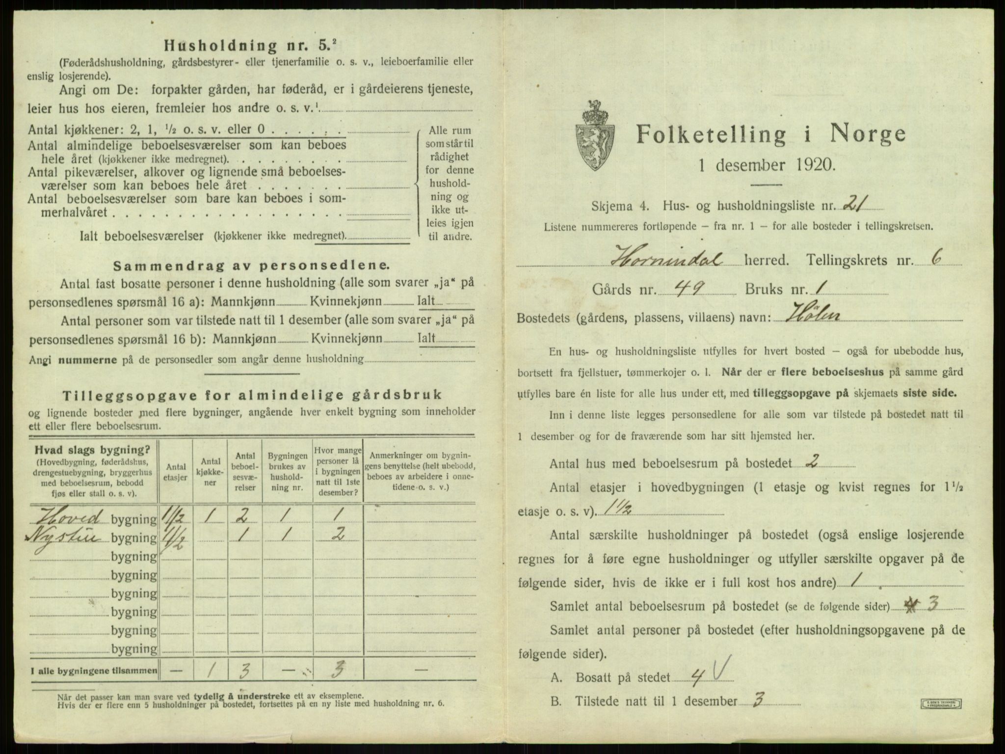 SAB, 1920 census for Hornindal, 1920, p. 468