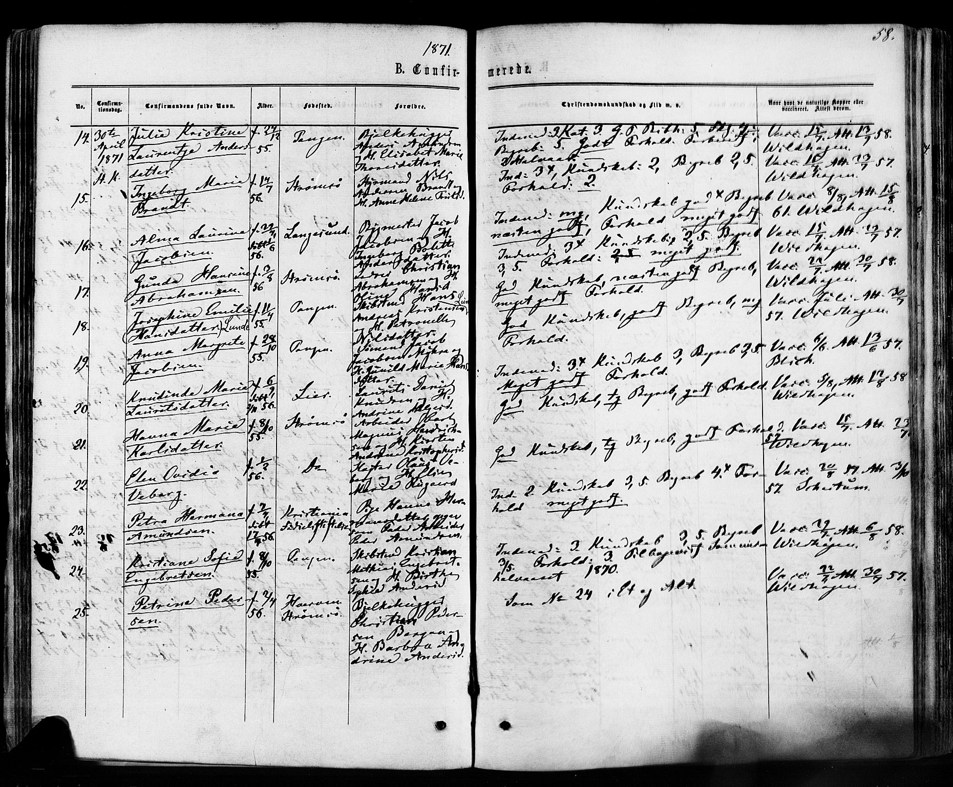 Strømsø kirkebøker, AV/SAKO-A-246/F/Fa/L0018: Parish register (official) no. I 18, 1865-1878, p. 58