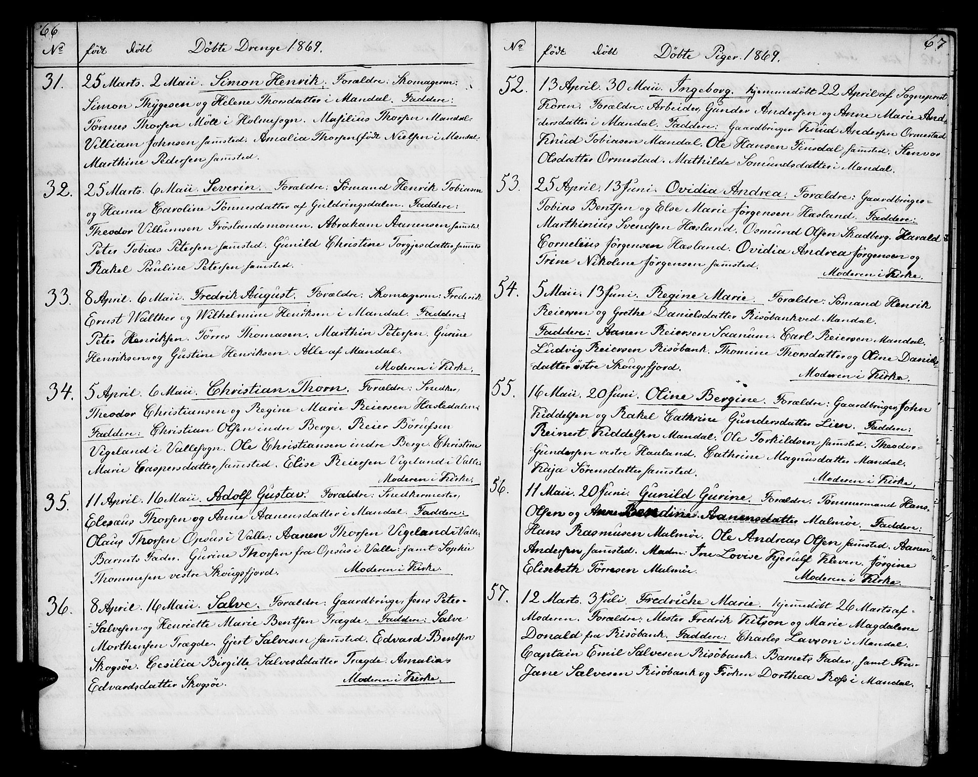 Mandal sokneprestkontor, SAK/1111-0030/F/Fb/Fba/L0009: Parish register (copy) no. B 3, 1867-1877, p. 66-67
