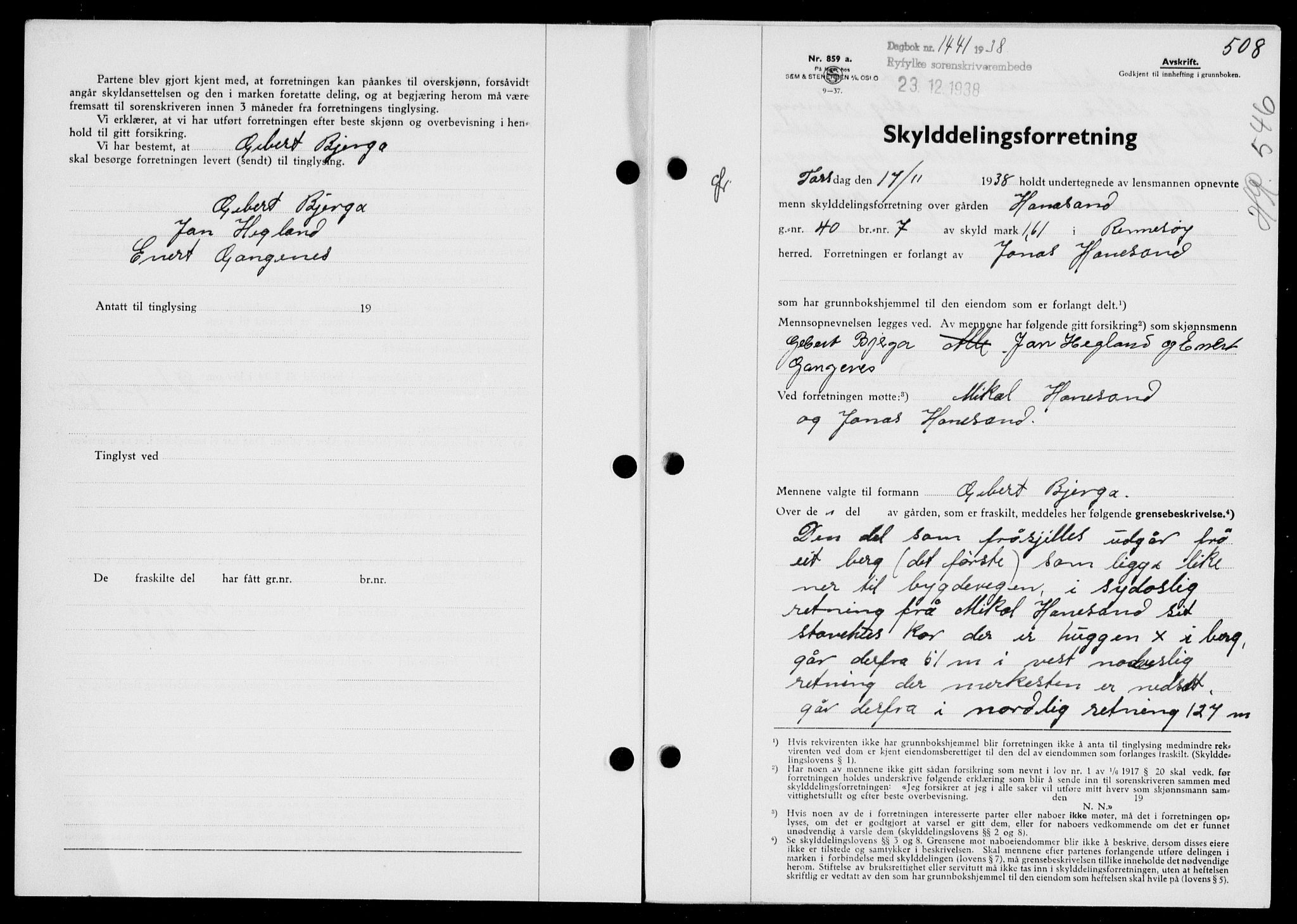 Ryfylke tingrett, AV/SAST-A-100055/001/II/IIB/L0078: Mortgage book no. 57, 1938-1938, Diary no: : 1441/1938