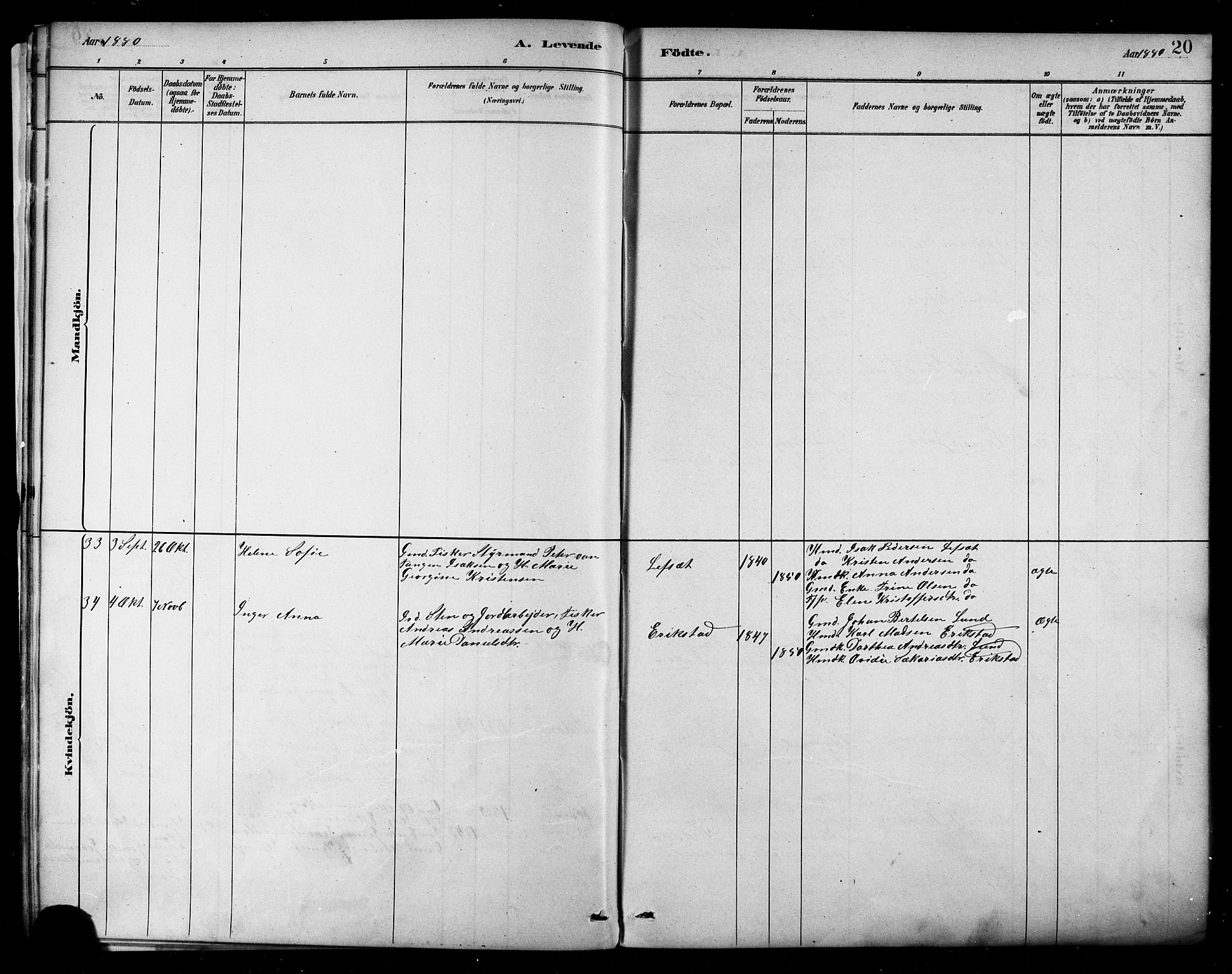 Ministerialprotokoller, klokkerbøker og fødselsregistre - Nordland, AV/SAT-A-1459/849/L0689: Parish register (official) no. 849A01, 1879-1889, p. 20