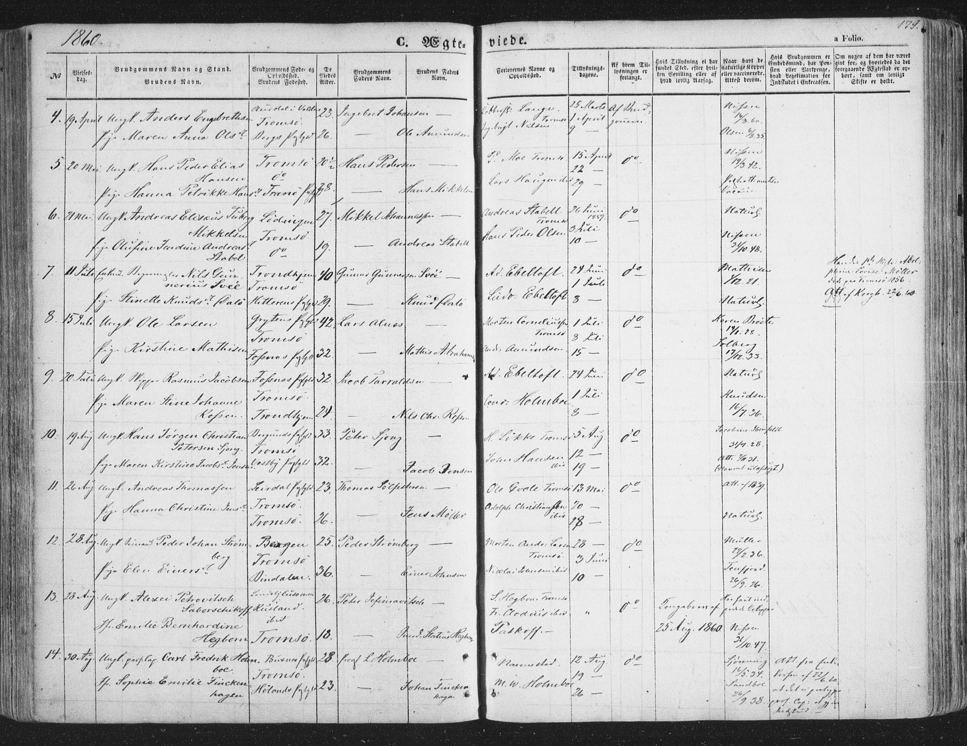 Tromsø sokneprestkontor/stiftsprosti/domprosti, AV/SATØ-S-1343/G/Ga/L0011kirke: Parish register (official) no. 11, 1856-1865, p. 179