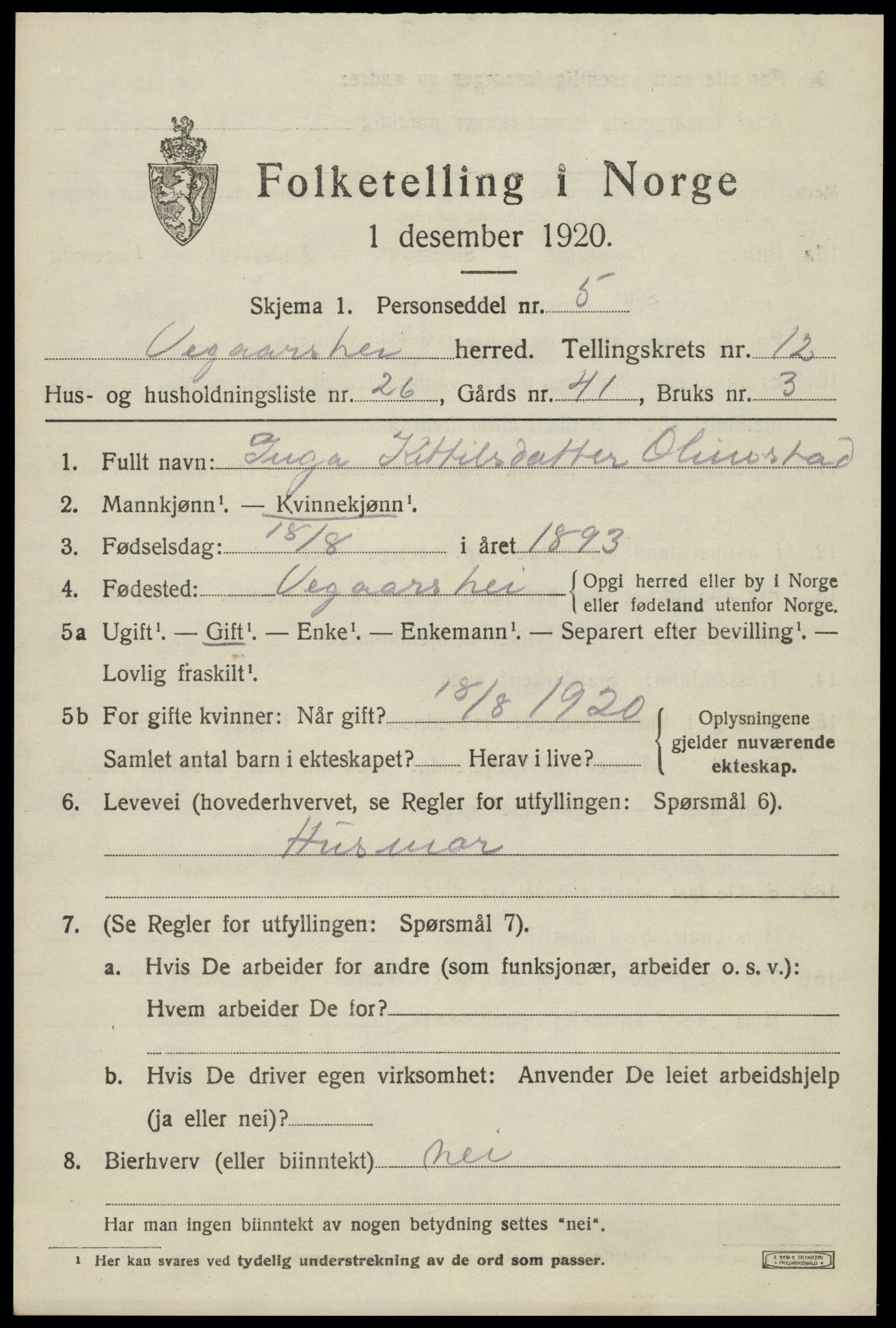 SAK, 1920 census for Vegårshei, 1920, p. 4096