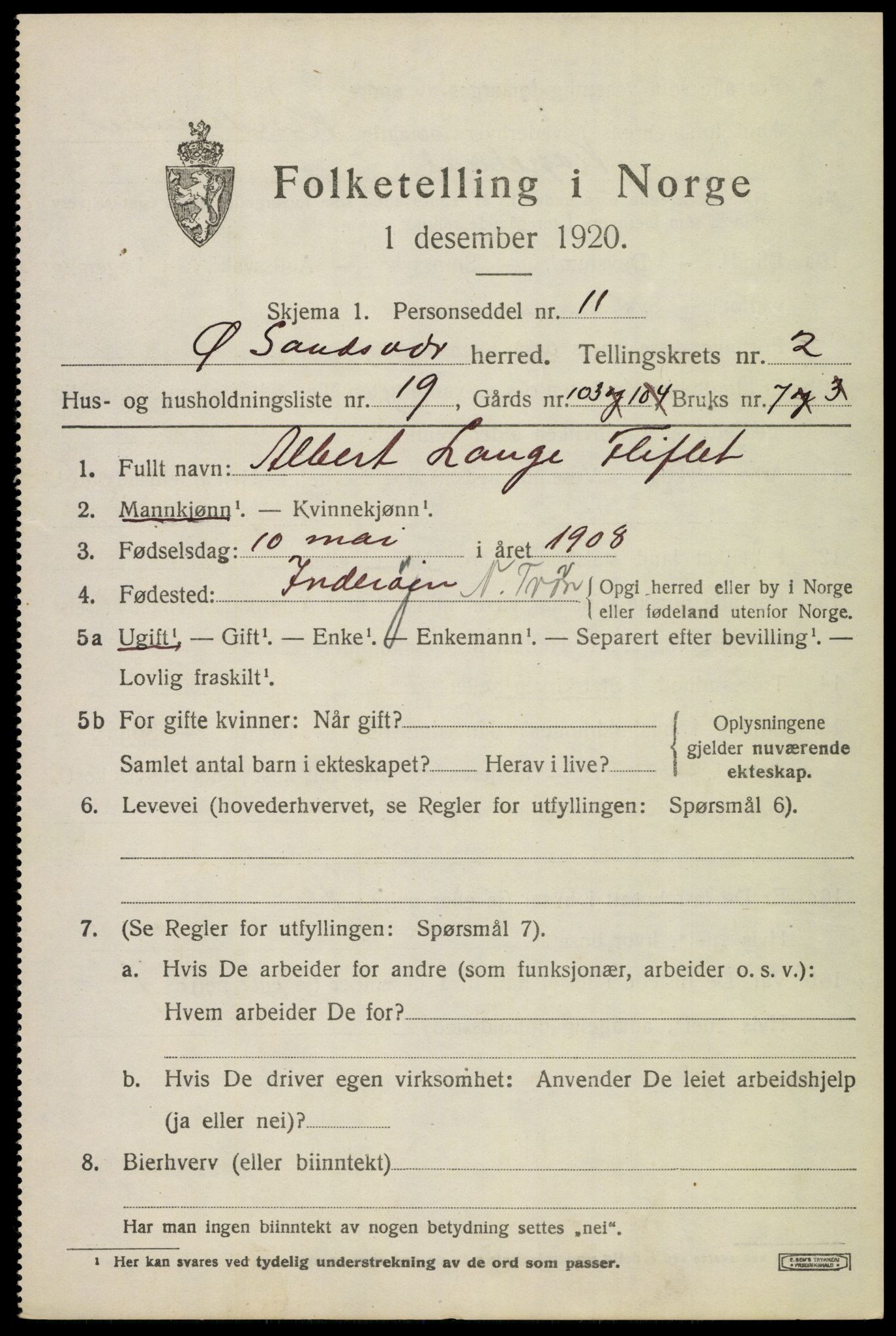 SAKO, 1920 census for Øvre Sandsvær, 1920, p. 1934