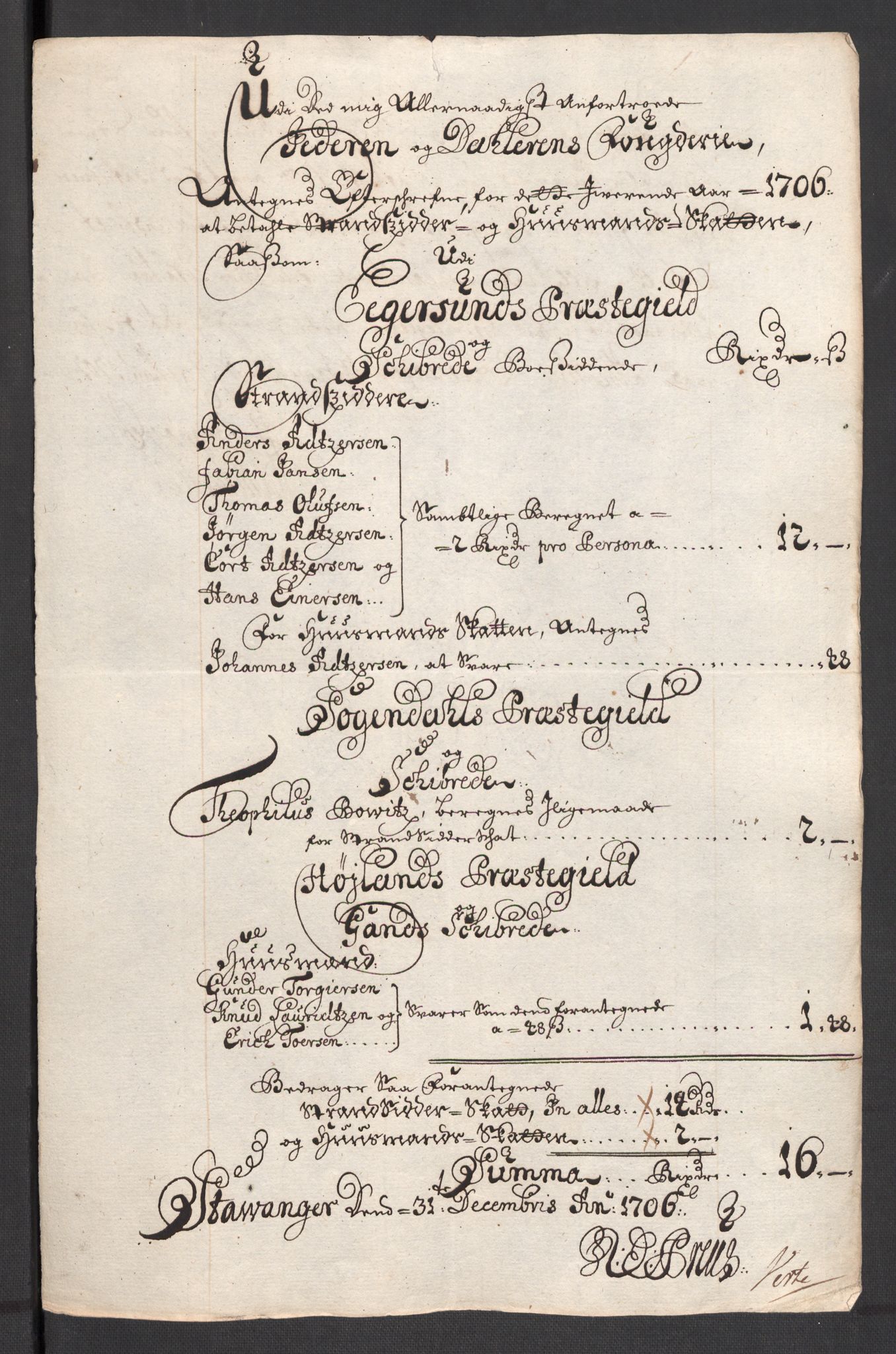 Rentekammeret inntil 1814, Reviderte regnskaper, Fogderegnskap, RA/EA-4092/R46/L2733: Fogderegnskap Jæren og Dalane, 1705-1708, p. 150