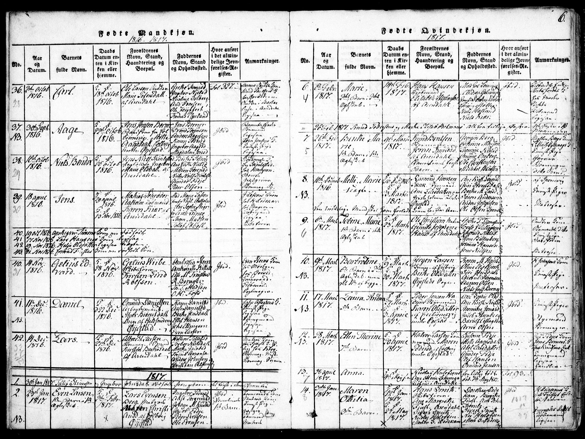 Arendal sokneprestkontor, Trefoldighet, AV/SAK-1111-0040/F/Fa/L0004: Parish register (official) no. A 4, 1816-1839, p. 6