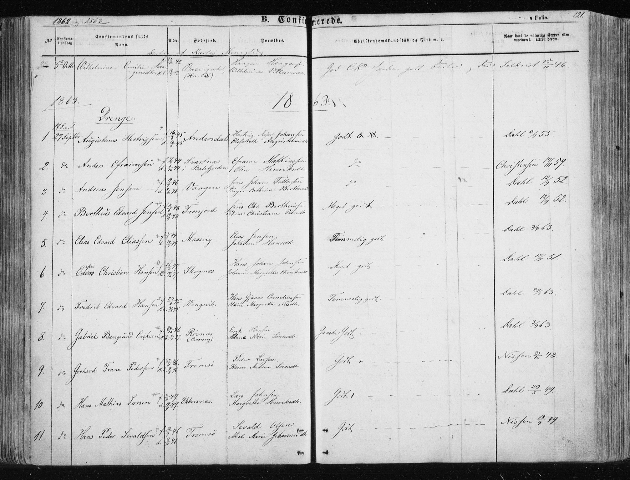 Tromsøysund sokneprestkontor, SATØ/S-1304/G/Ga/L0001kirke: Parish register (official) no. 1, 1856-1867, p. 121