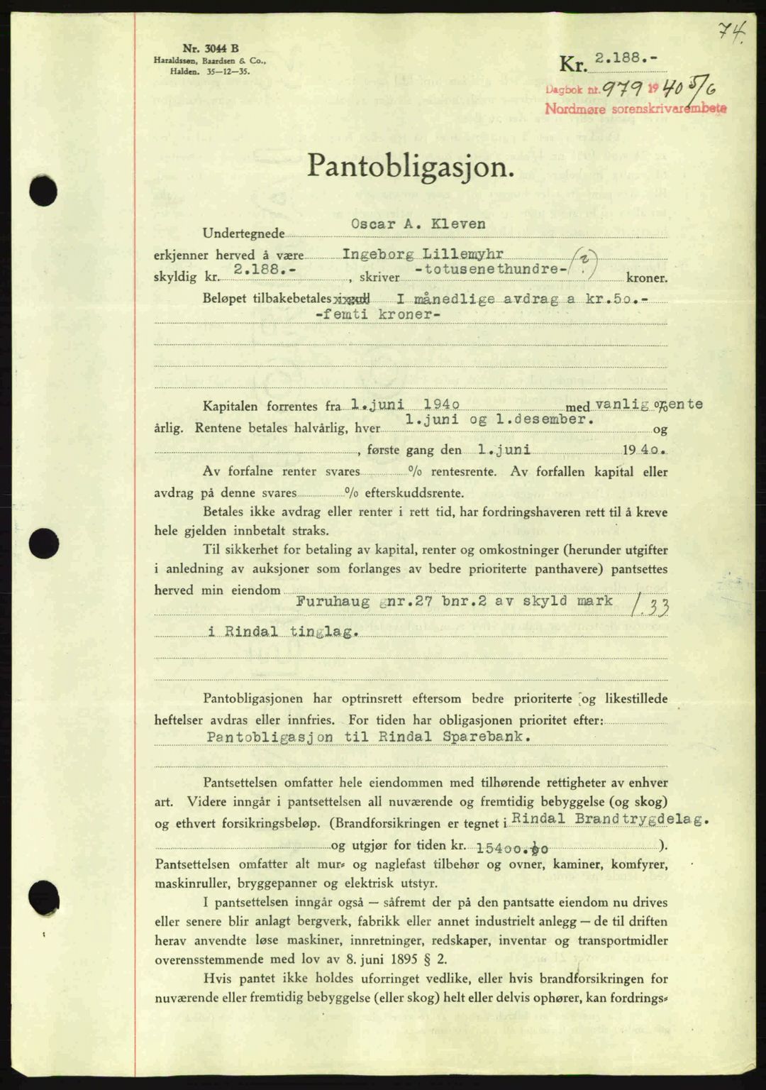 Nordmøre sorenskriveri, AV/SAT-A-4132/1/2/2Ca: Mortgage book no. B87, 1940-1941, Diary no: : 979/1940