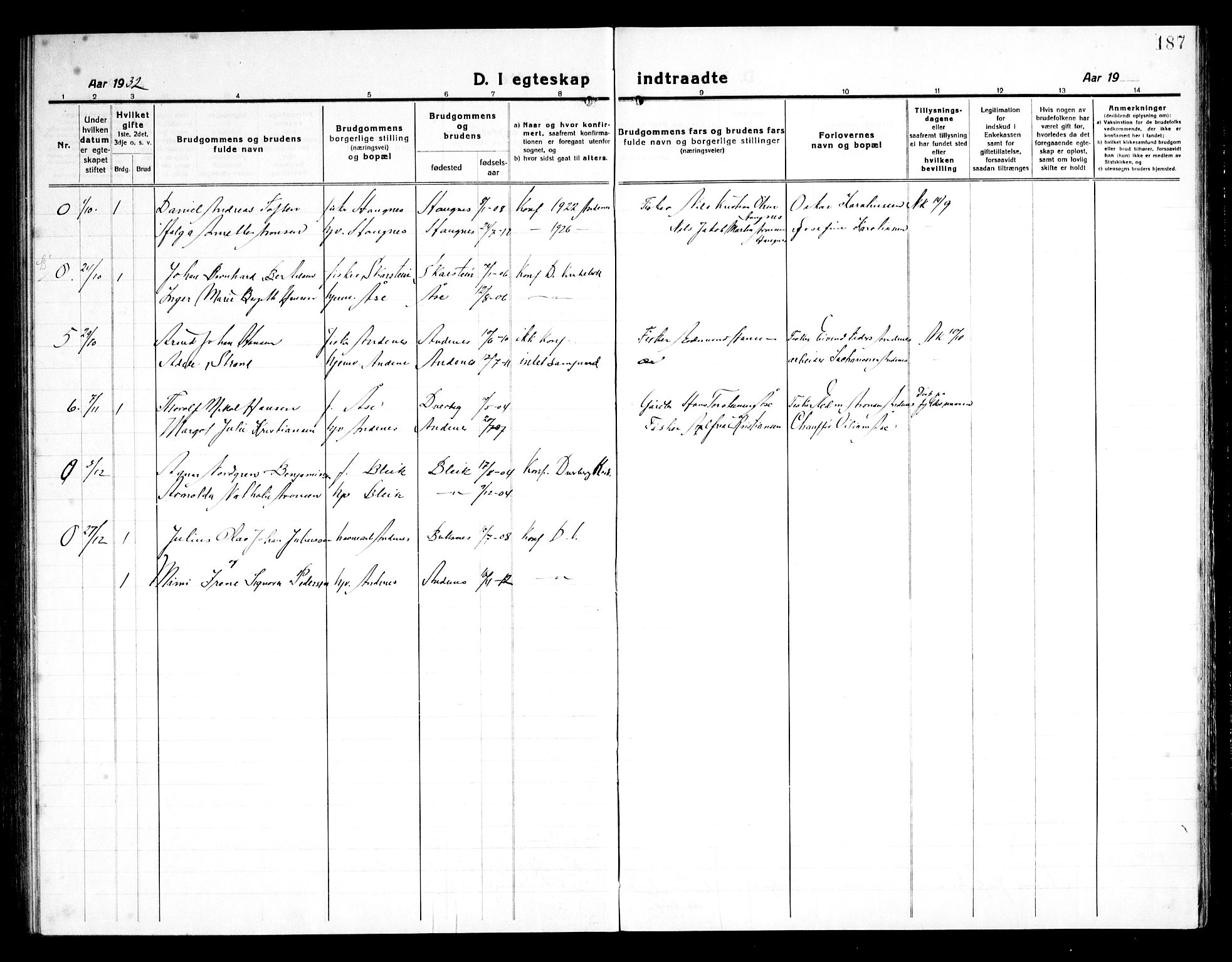 Ministerialprotokoller, klokkerbøker og fødselsregistre - Nordland, SAT/A-1459/899/L1450: Parish register (copy) no. 899C05, 1918-1945, p. 187