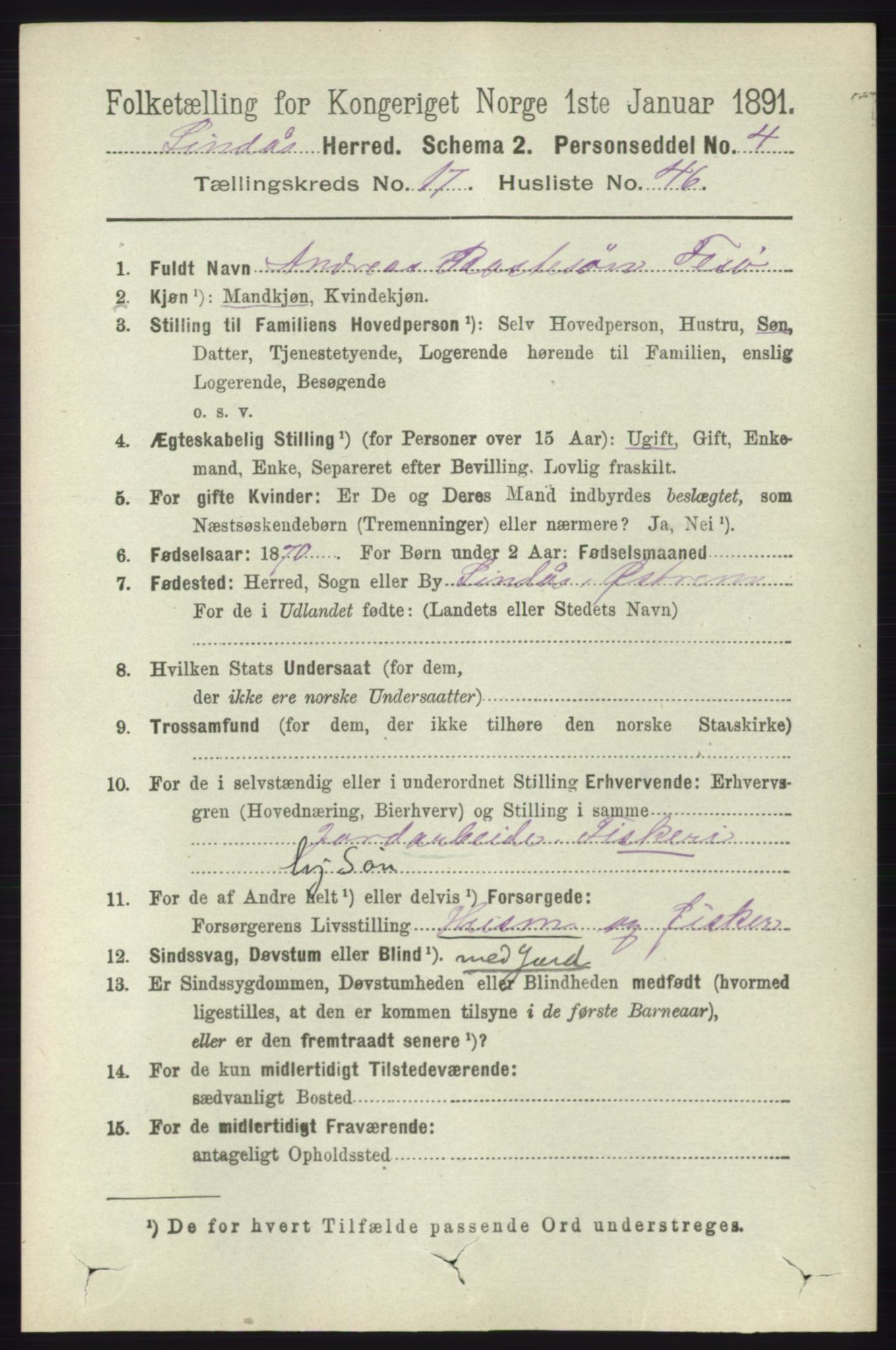 RA, 1891 census for 1263 Lindås, 1891, p. 6451