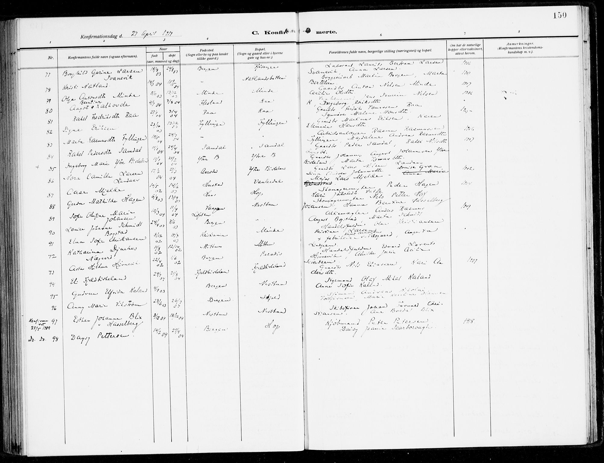 Fana Sokneprestembete, SAB/A-75101/H/Haa/Haai/L0004: Parish register (official) no. I 4, 1912-1933, p. 150