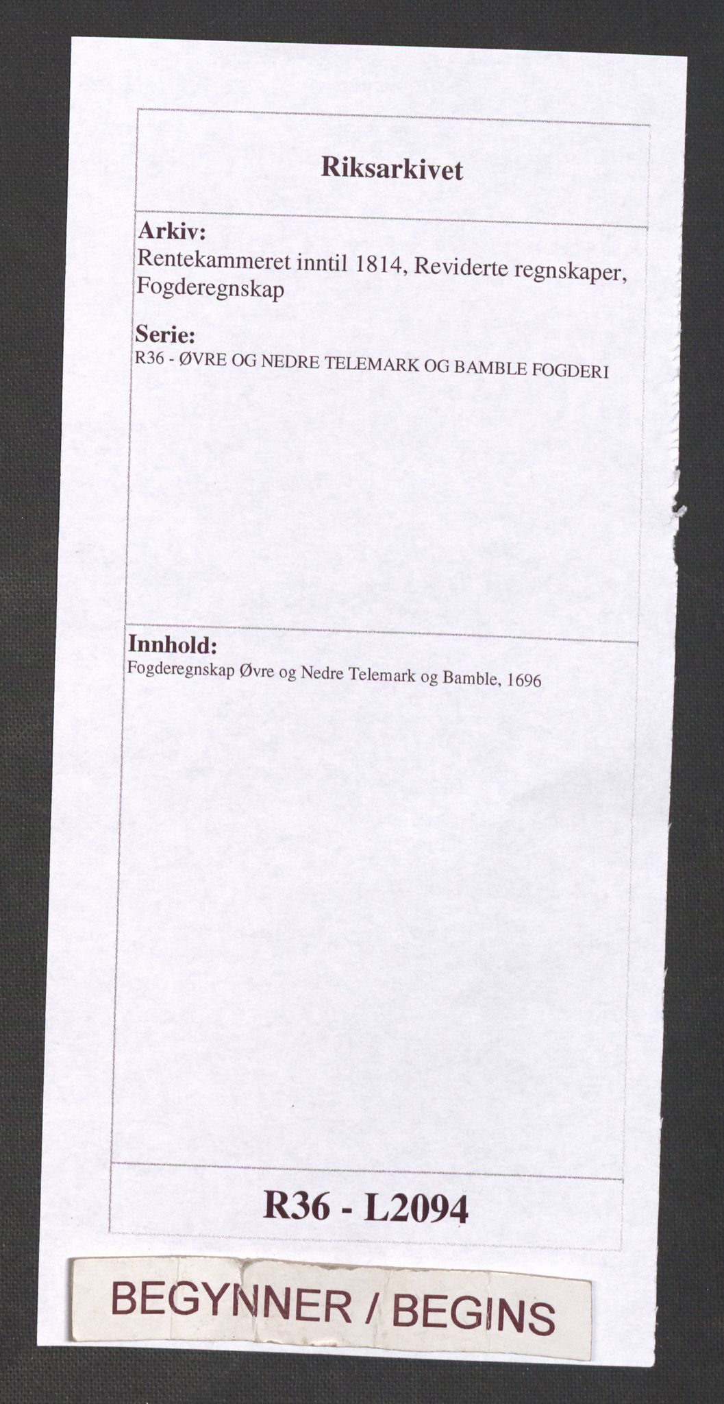 Rentekammeret inntil 1814, Reviderte regnskaper, Fogderegnskap, AV/RA-EA-4092/R36/L2094: Fogderegnskap Øvre og Nedre Telemark og Bamble, 1696, p. 1