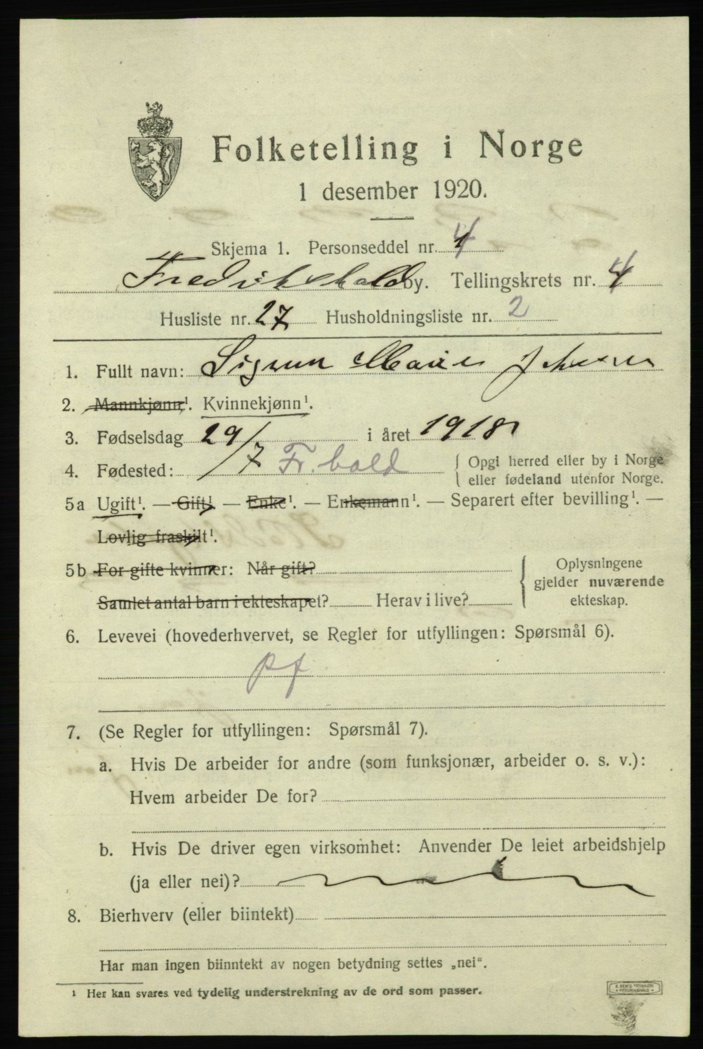 SAO, 1920 census for Fredrikshald, 1920, p. 11791