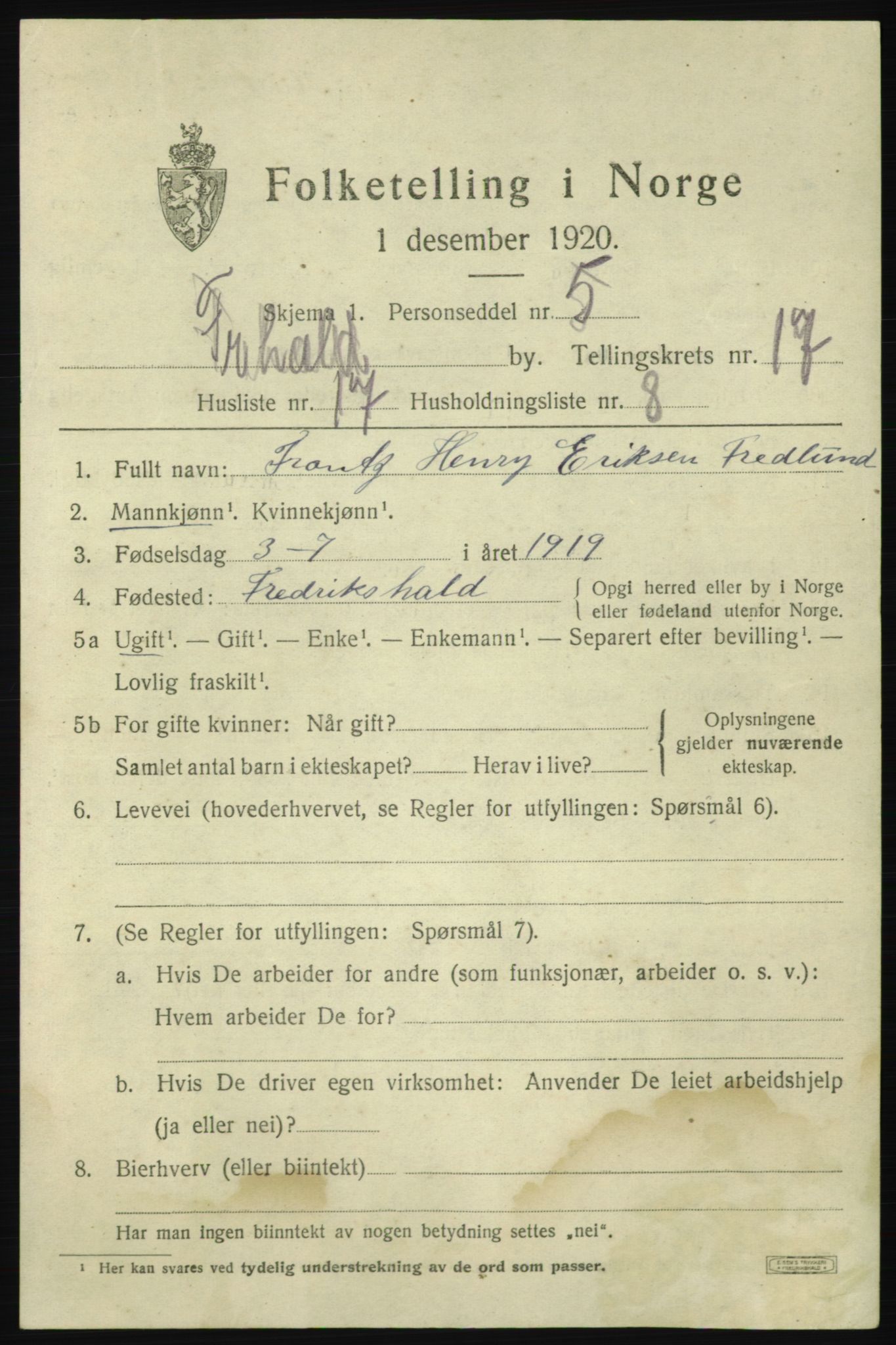 SAO, 1920 census for Fredrikshald, 1920, p. 26188