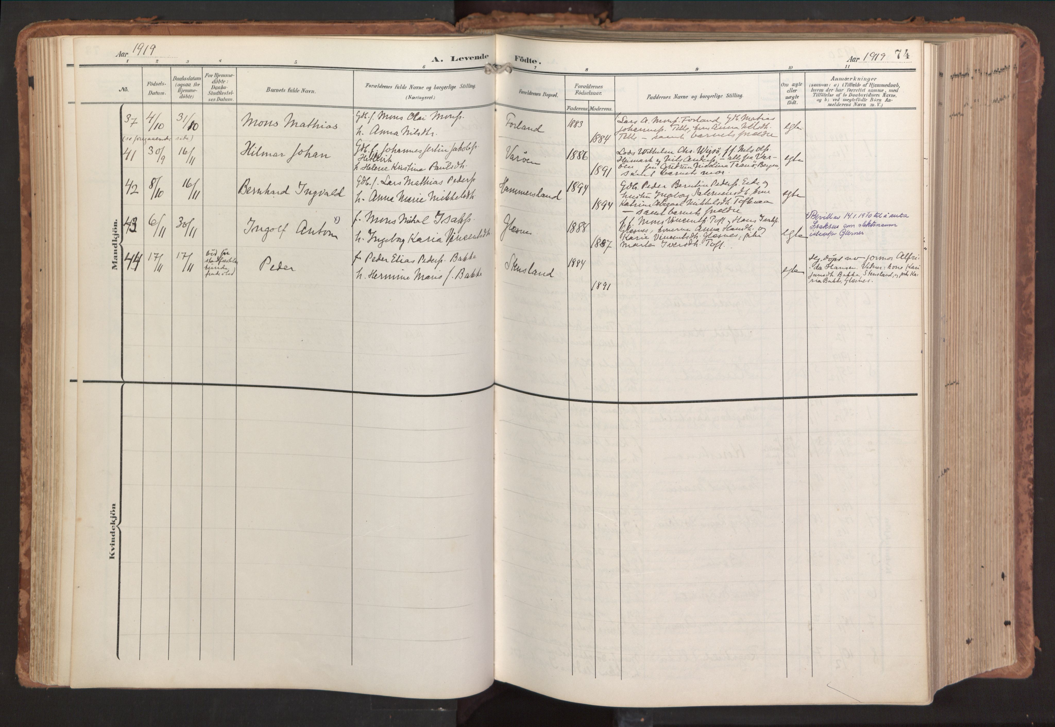 Sund sokneprestembete, AV/SAB-A-99930: Parish register (official) no. B 2, 1907-1926, p. 74