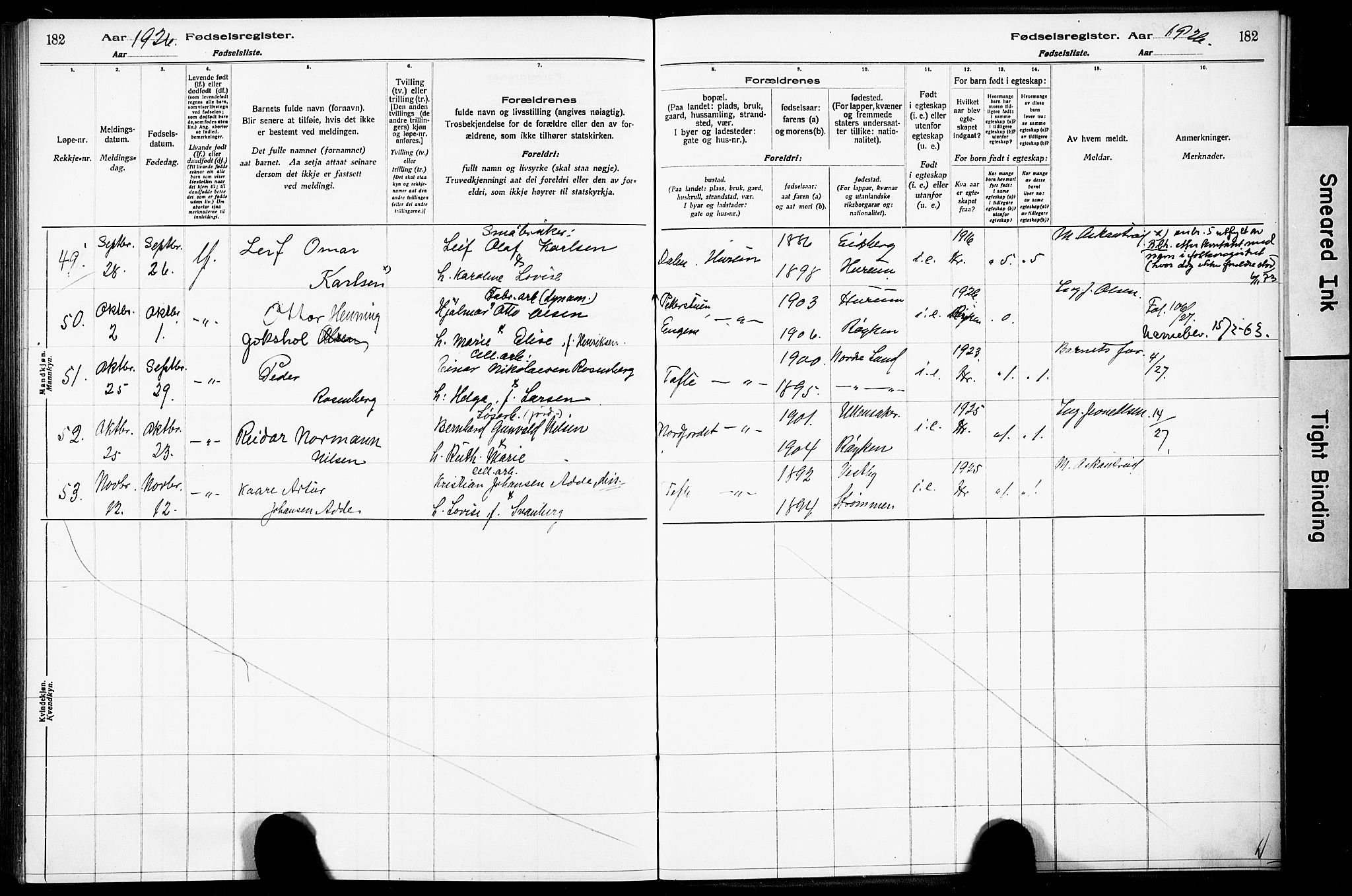 Hurum kirkebøker, AV/SAKO-A-229/J/Ja/L0001: Birth register no. 1, 1916-1928, p. 182